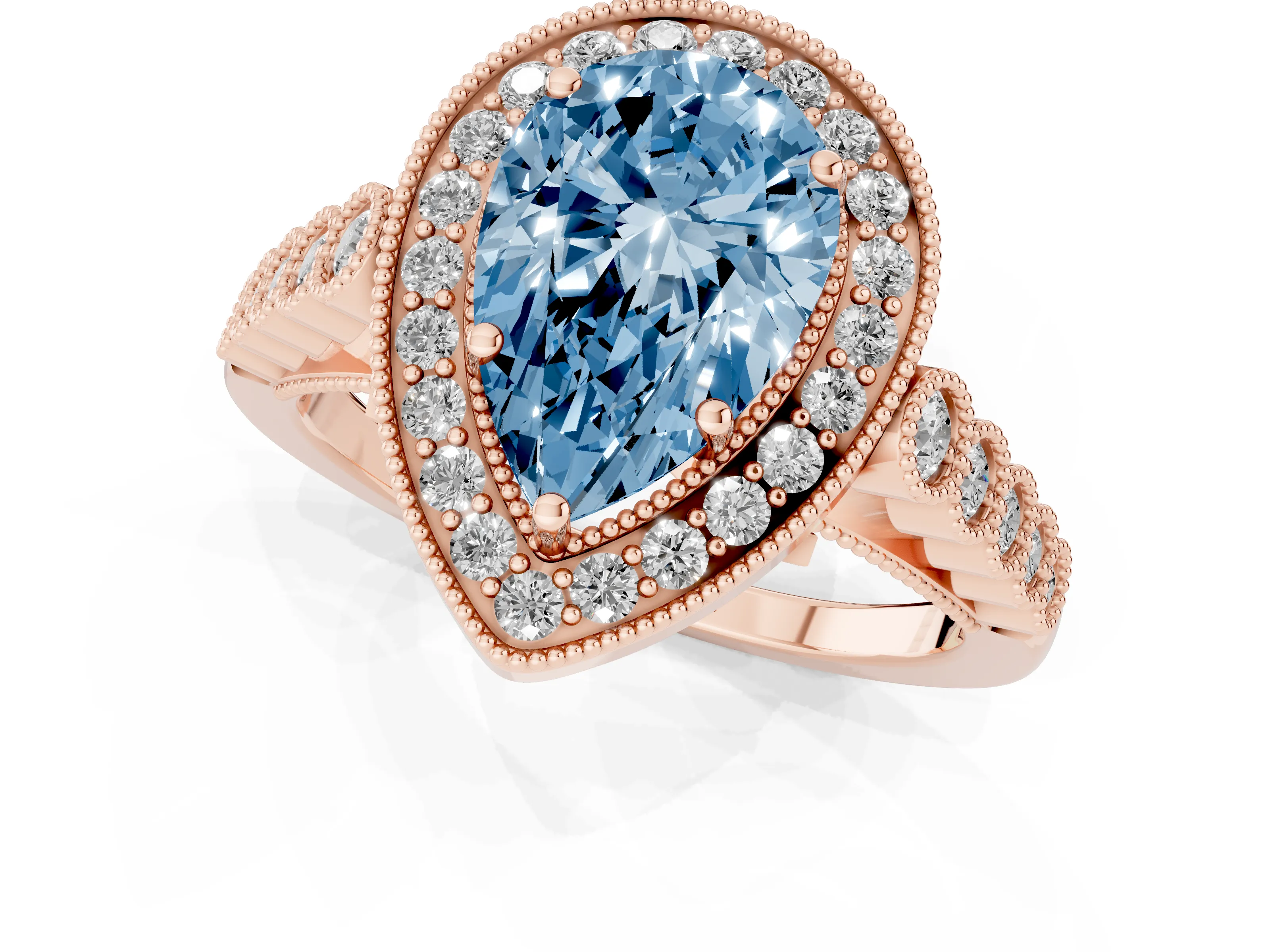 Fancy Blue Pear Cut Diamond Milgrain Halo Solitaire Ring Set in Rose gold with Bezel Set Side Stones and Pavé Band