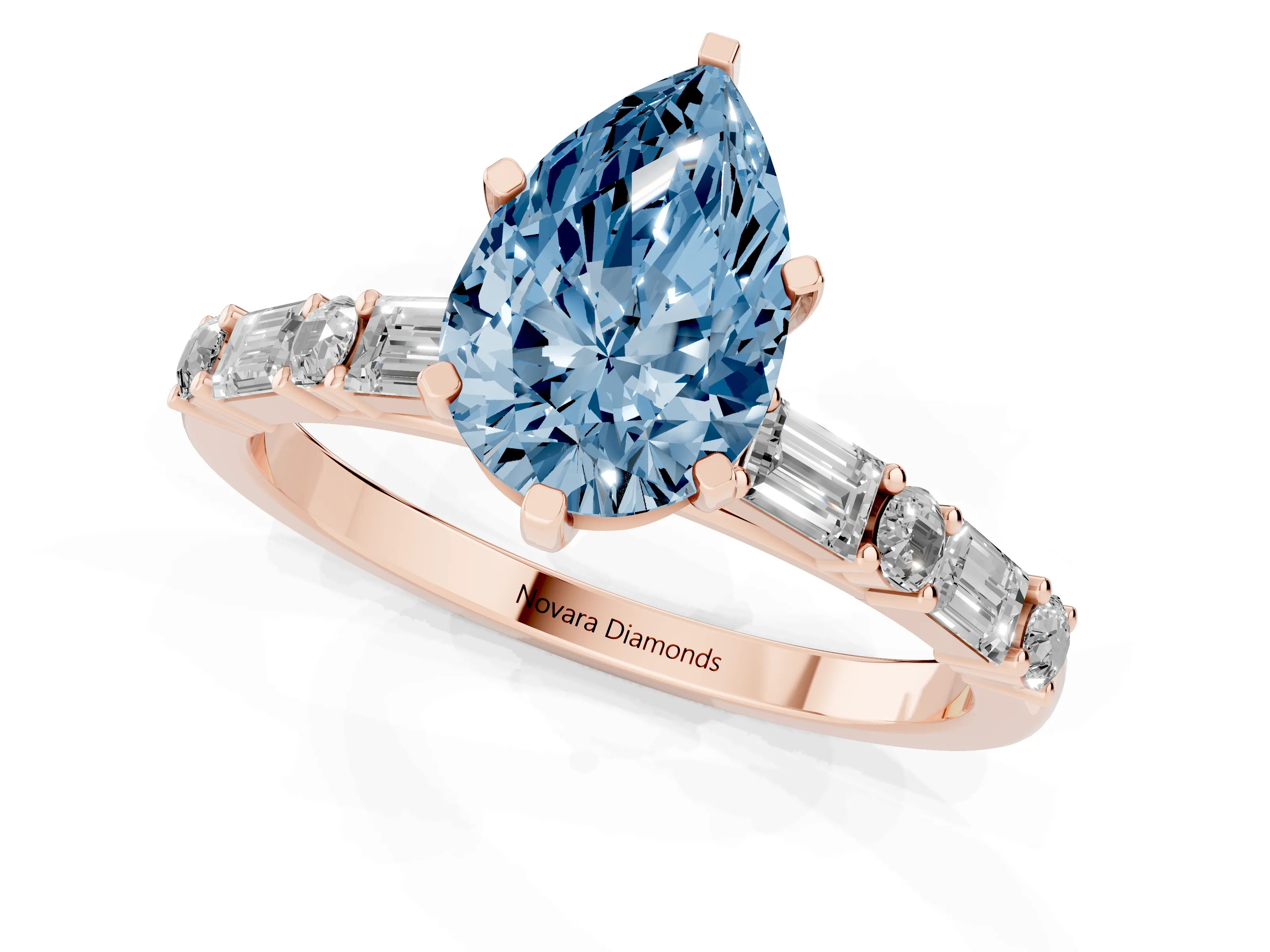 Fancy Blue Pear Cut Diamond Solitaire Set in Rose gold with Side Baguettes and Channel Set Band
