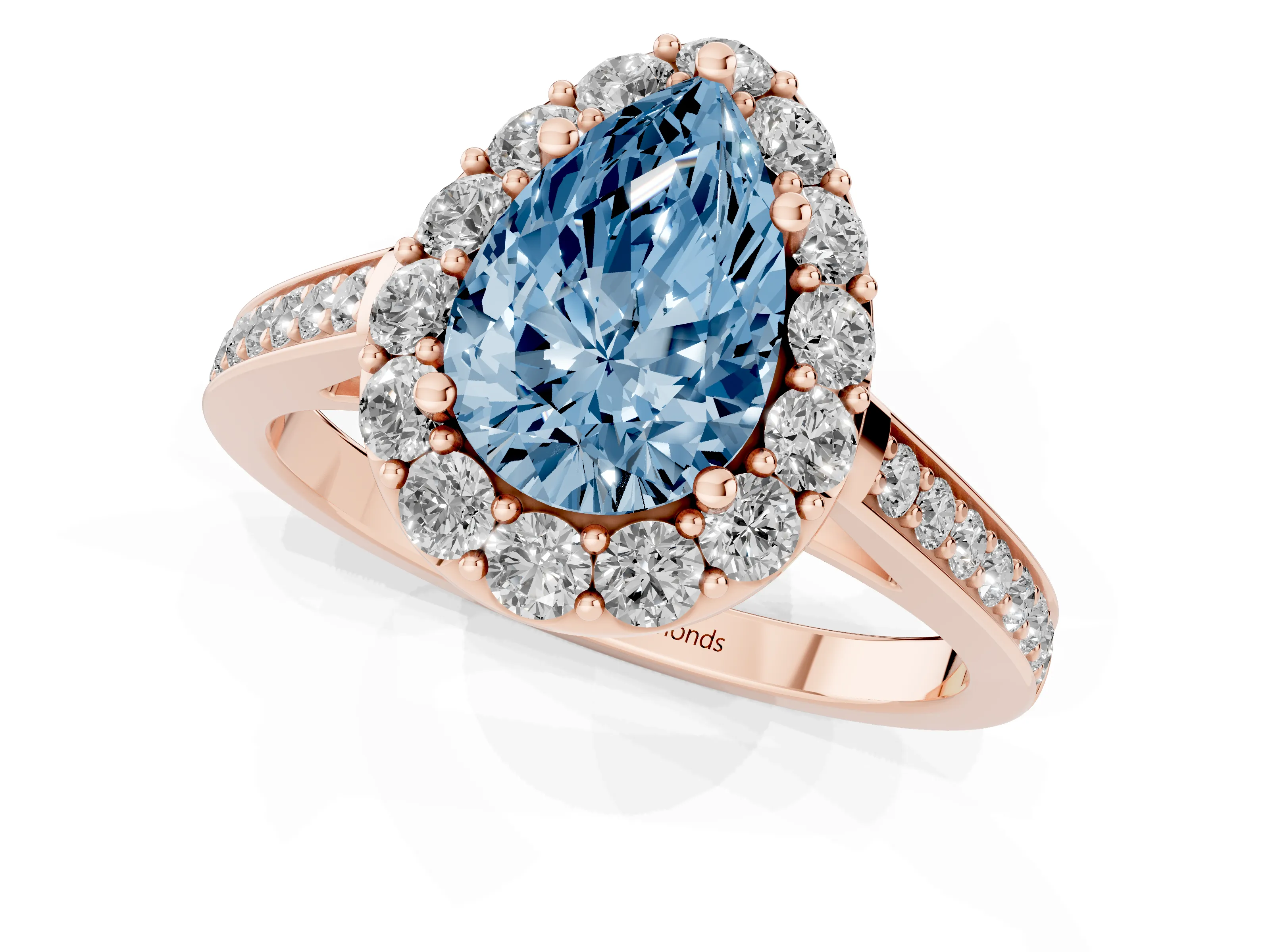 Fancy Blue Pear Cut Diamond Floral Halo Ring Set in Rose gold with Pavé Band and Prong Setting