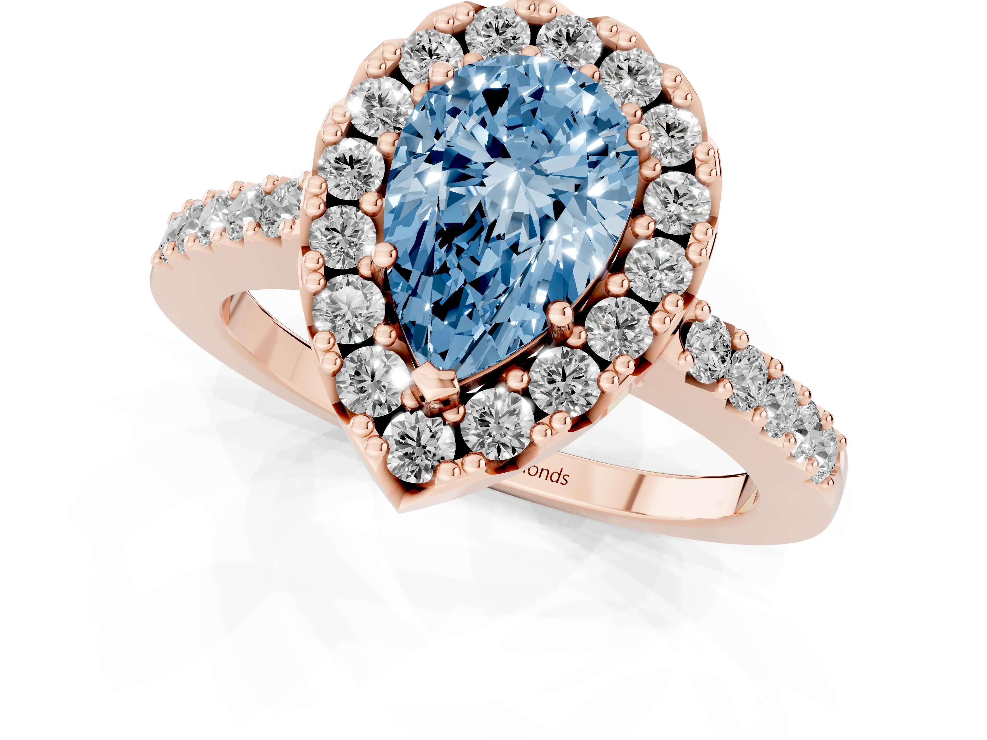 Fancy Blue Pear Cut Diamond Halo Pavé Solitaire Ring Set in Rose gold with Prong-Set Center Stone