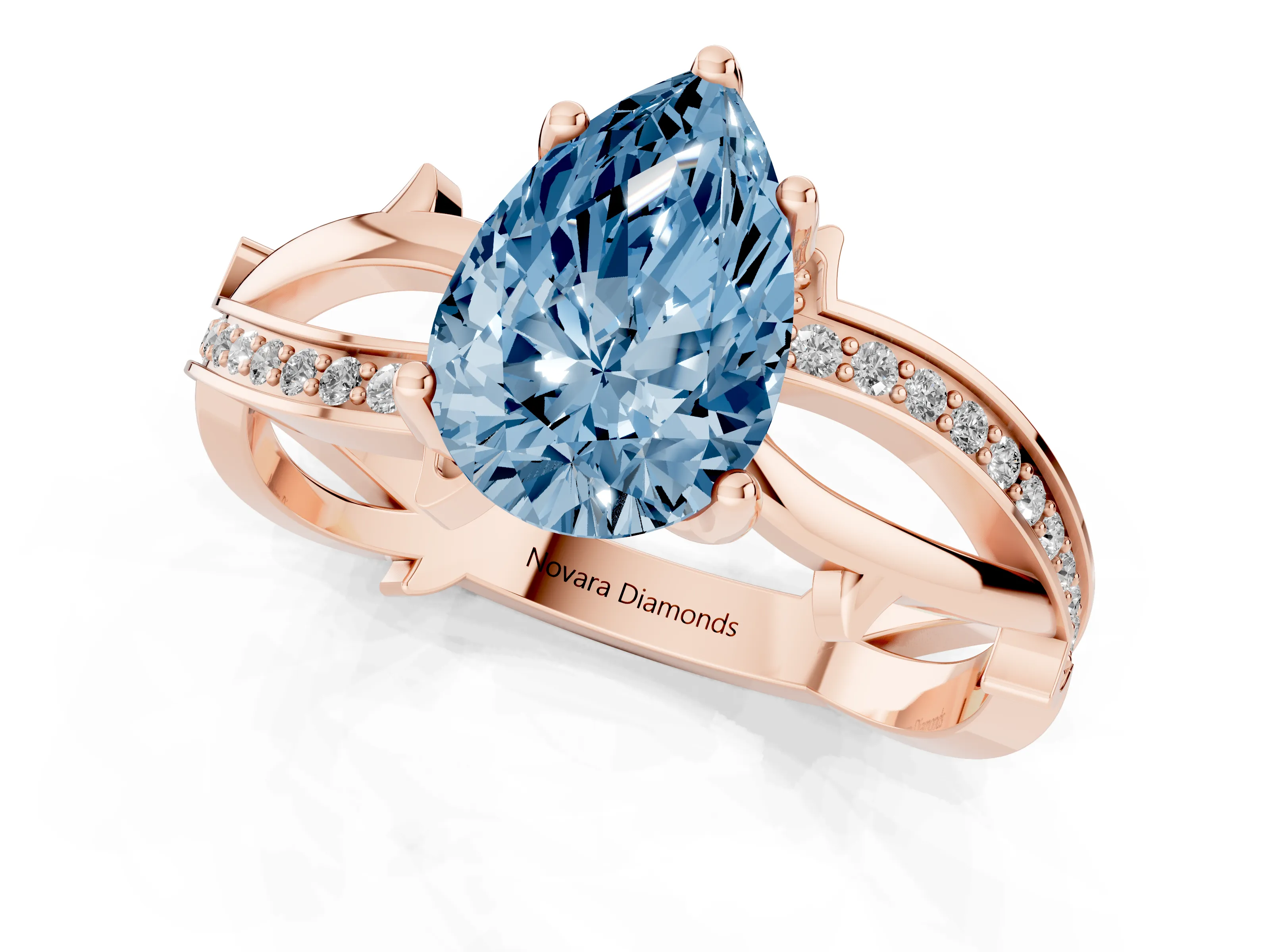 Fancy Blue Pear Cut Diamond Pavé Twist Band Solitaire Ring Set in Rose gold with Prong Setting