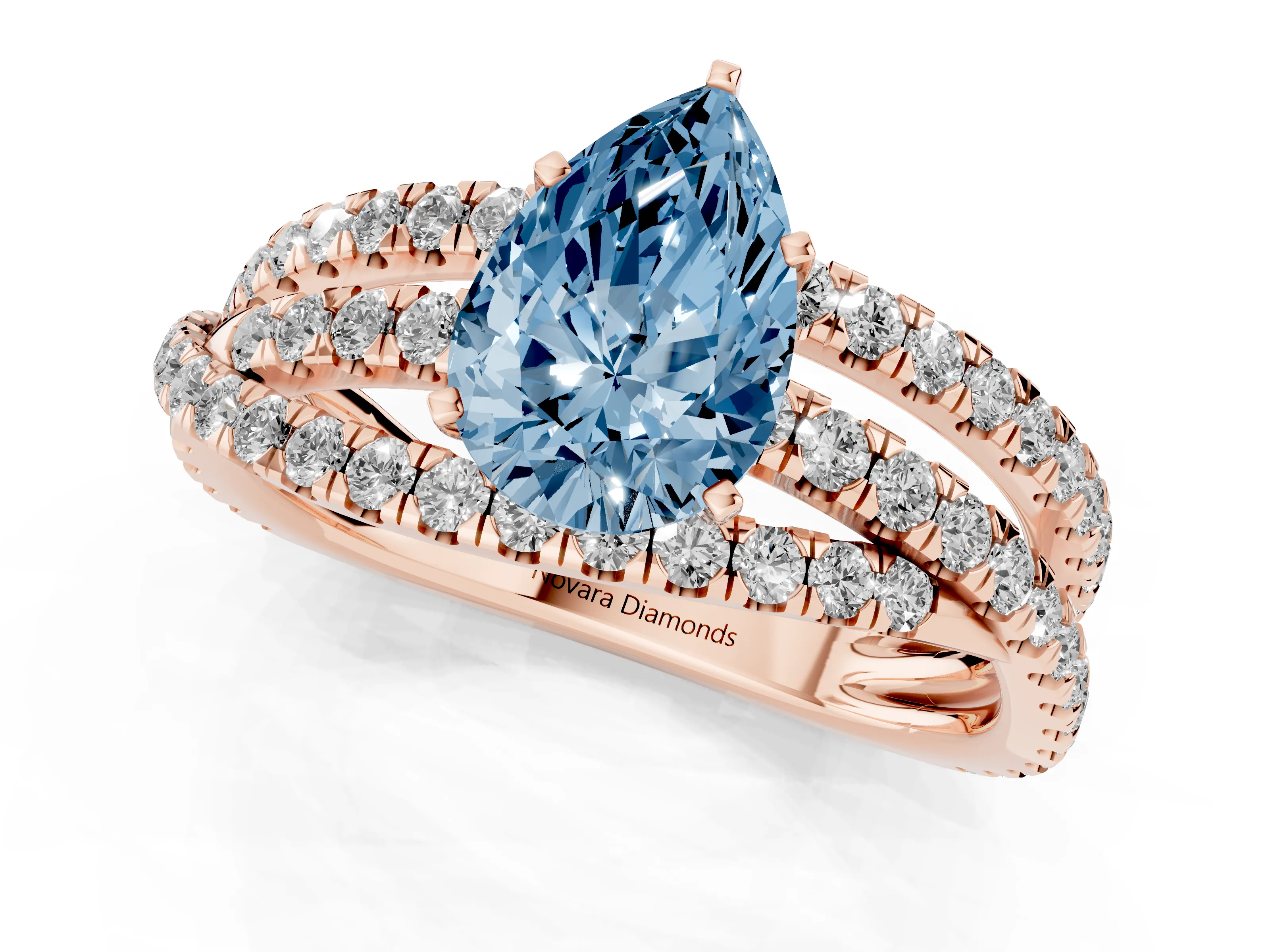 Fancy Blue Pear Cut Diamond Solitaire Twist Band Ring Set in Rose gold with Pavé Setting and Prong Head
