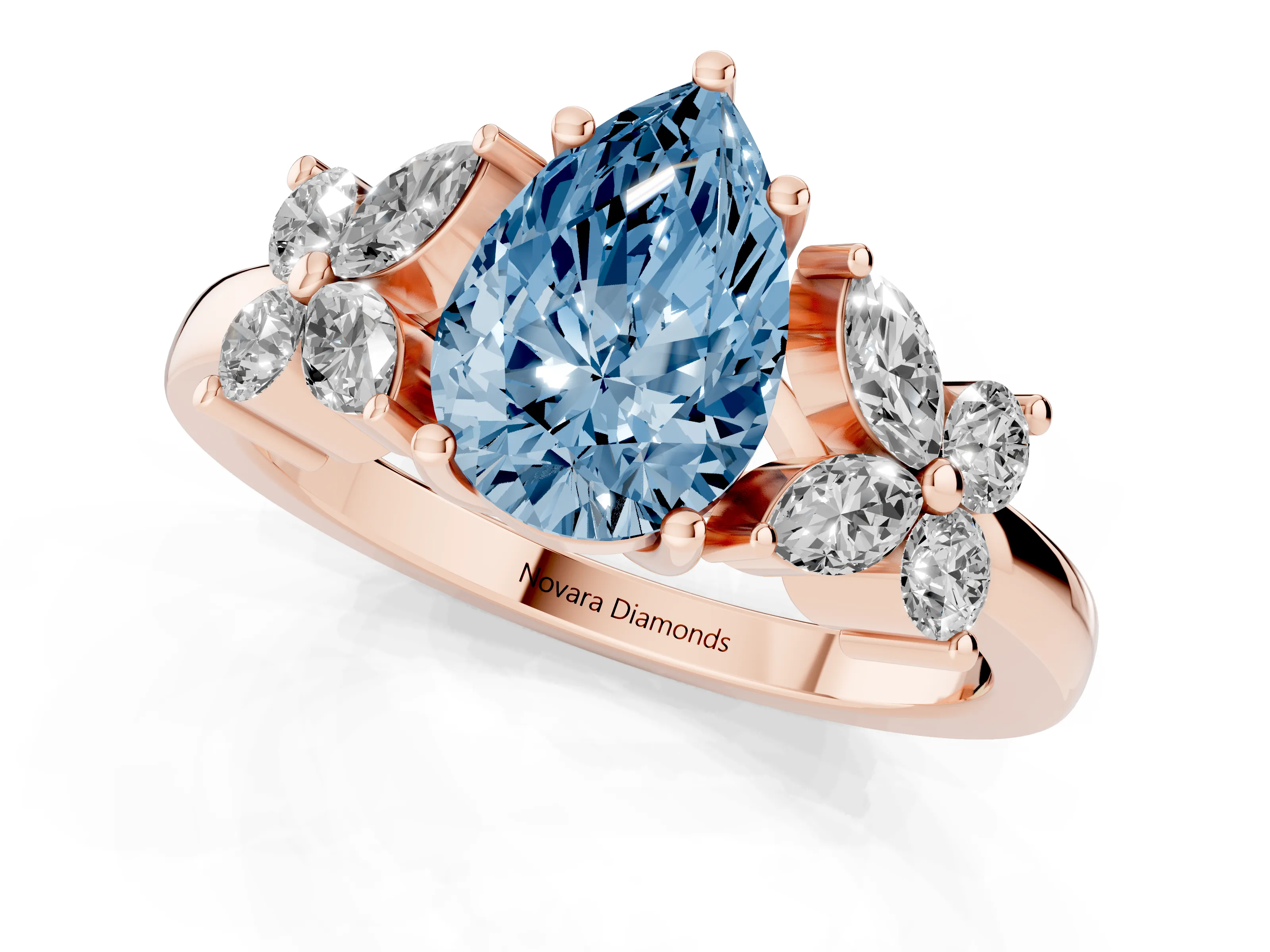 Fancy Blue Pear Cut Diamond Floral Cluster Ring Set in Rose gold with Marquise Petals and Prong Setting