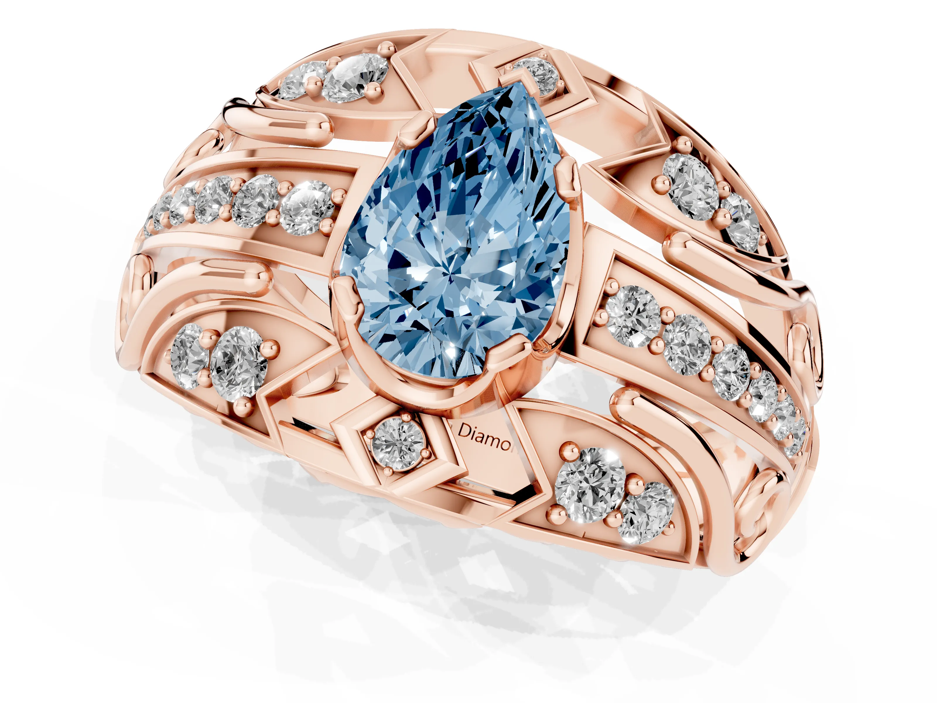Fancy Blue Pear Cut Diamond Art Deco Ring Set in Rose gold with Pavé Split Shank