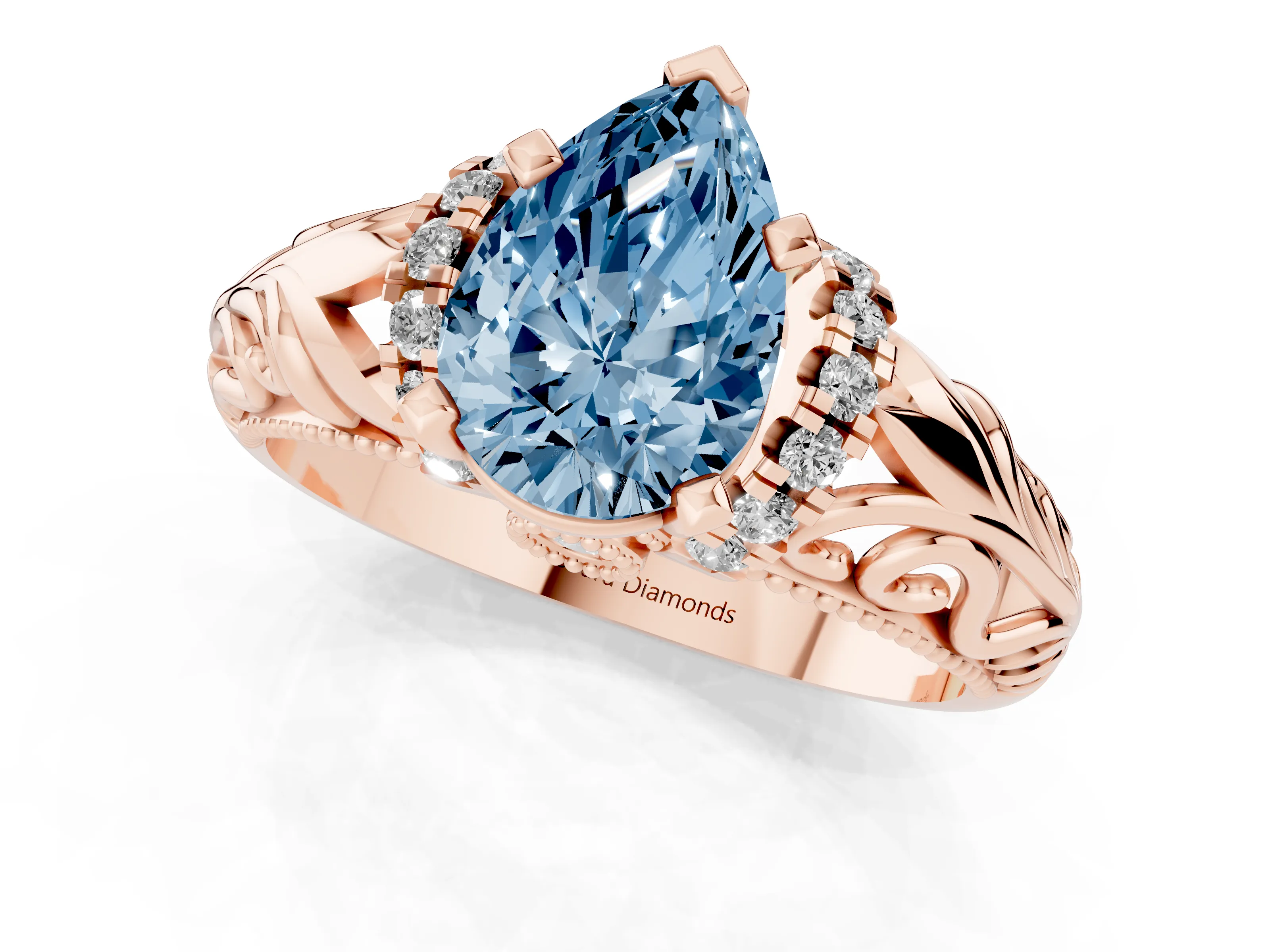 Fancy Blue Pear Cut Diamond Filigree Halo Engagement Ring Set in Rose gold with Prong Setting