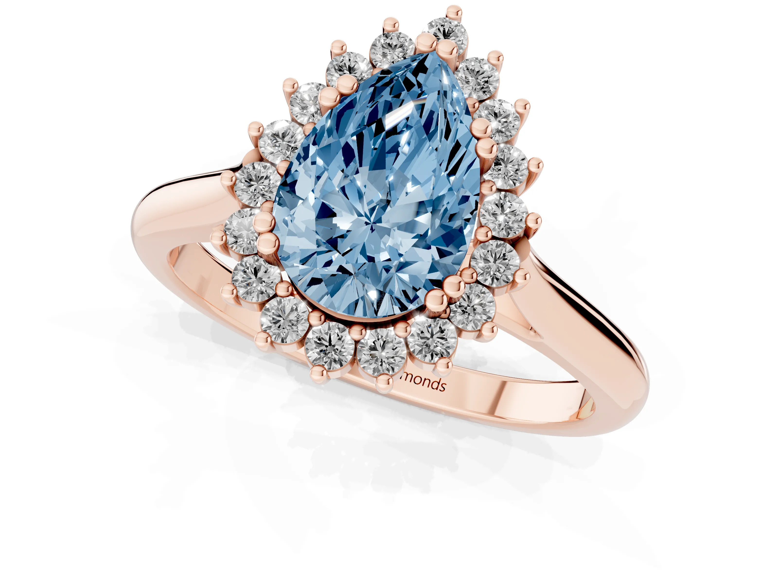 Fancy Blue Pear Cut Diamond Halo Ring Set in Rose gold with Plain Solitaire Band and Prong Setting