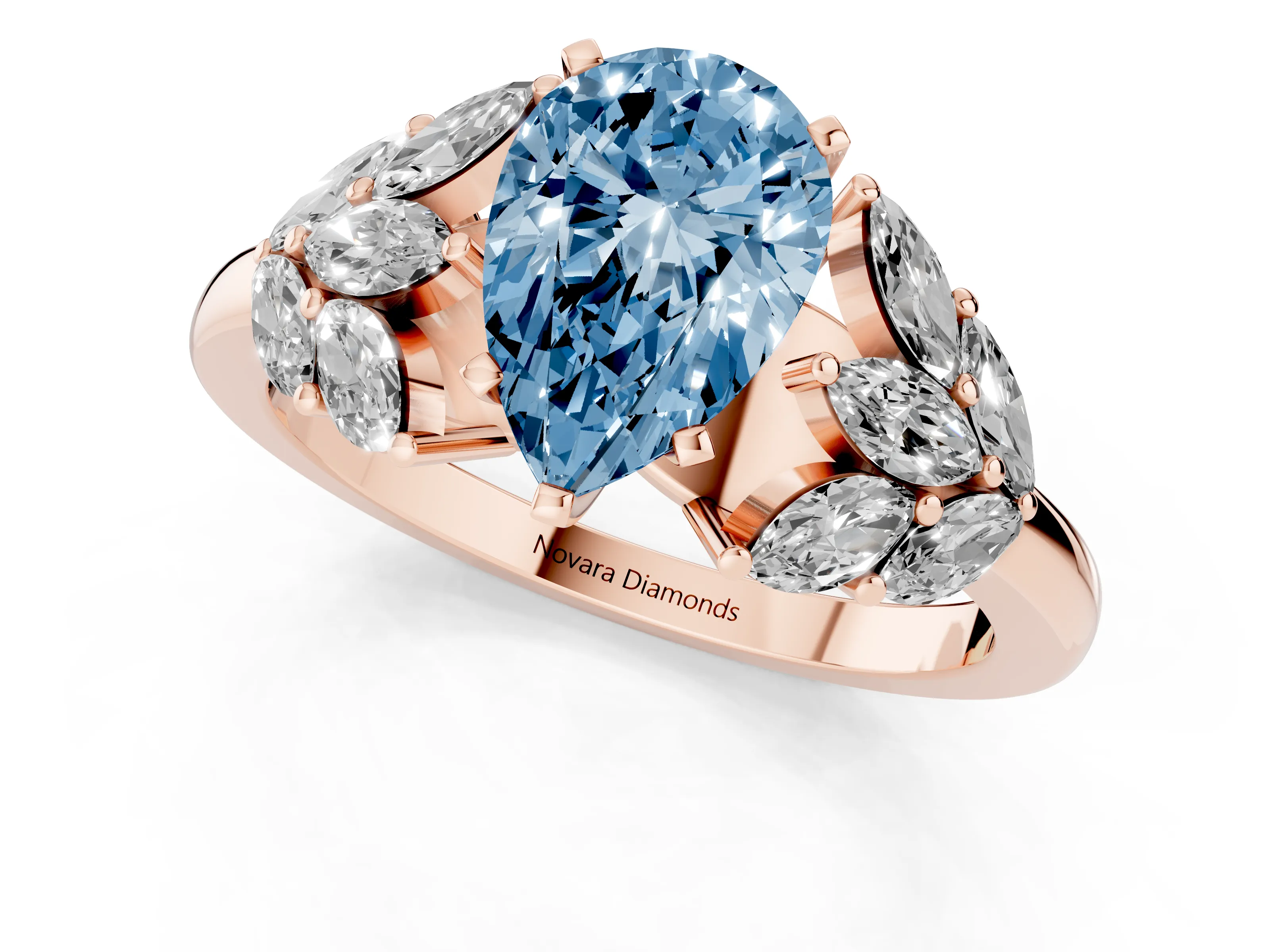 Fancy Blue Pear Cut Diamond Cluster Leaf Design Ring Set in Rose gold with Prong Setting