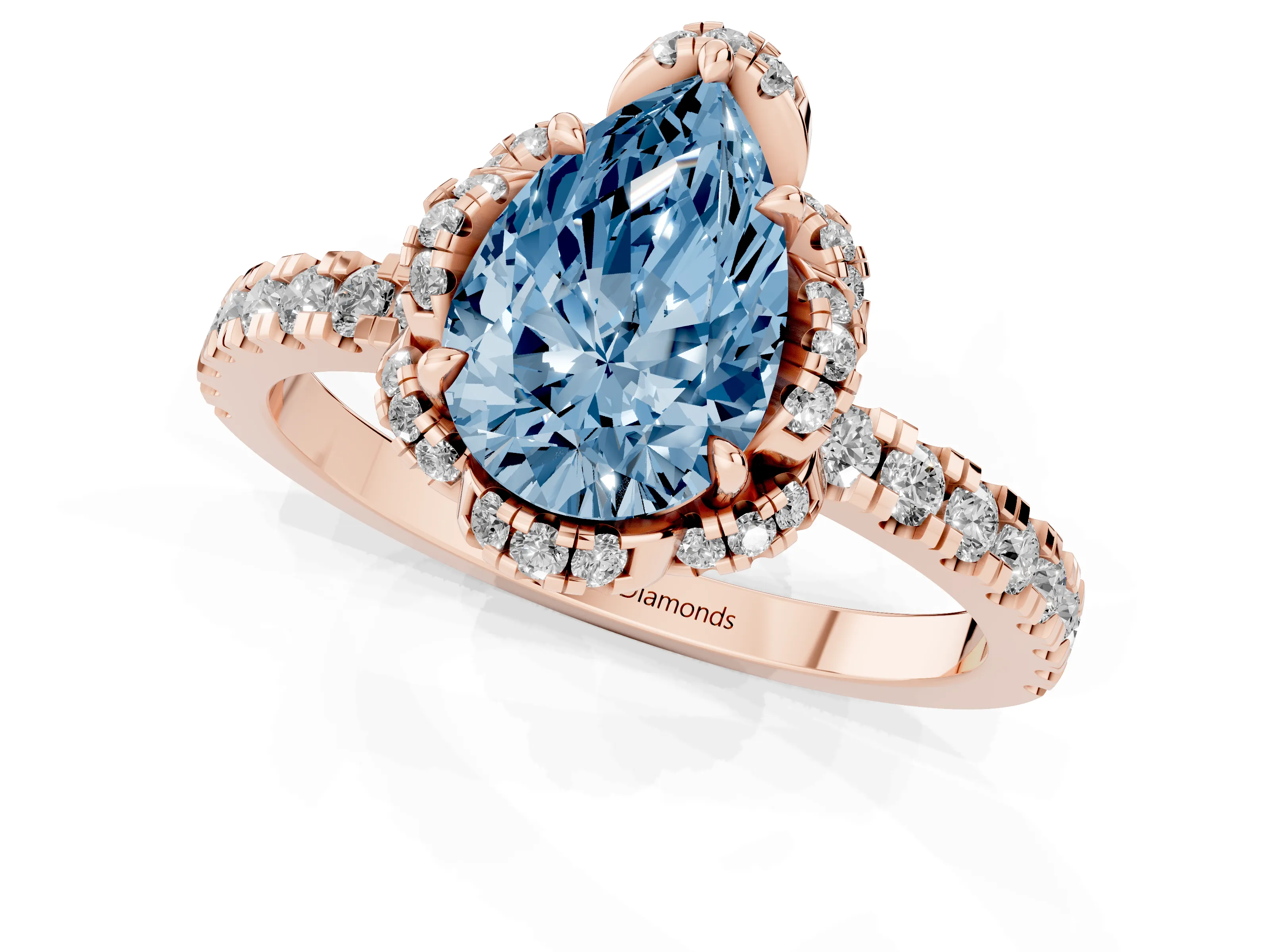 Fancy Blue Pear Cut Diamond Halo Pavé Band Ring Set in Rose gold with Prong-Held Center