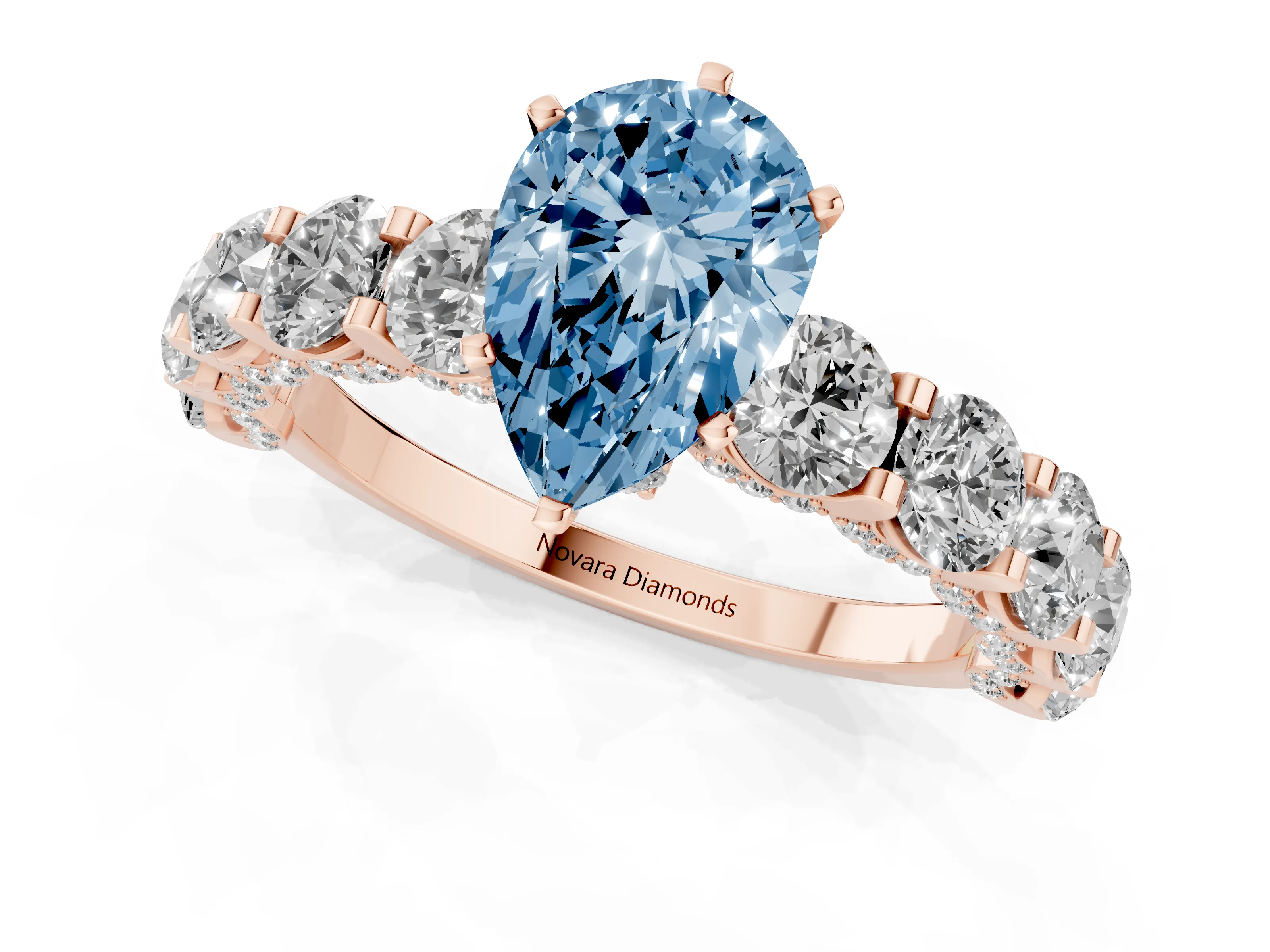 Fancy Blue Pear Cut Diamond Side Stone Ring Set in Rose gold with Alternating Round and Oval Side Stones