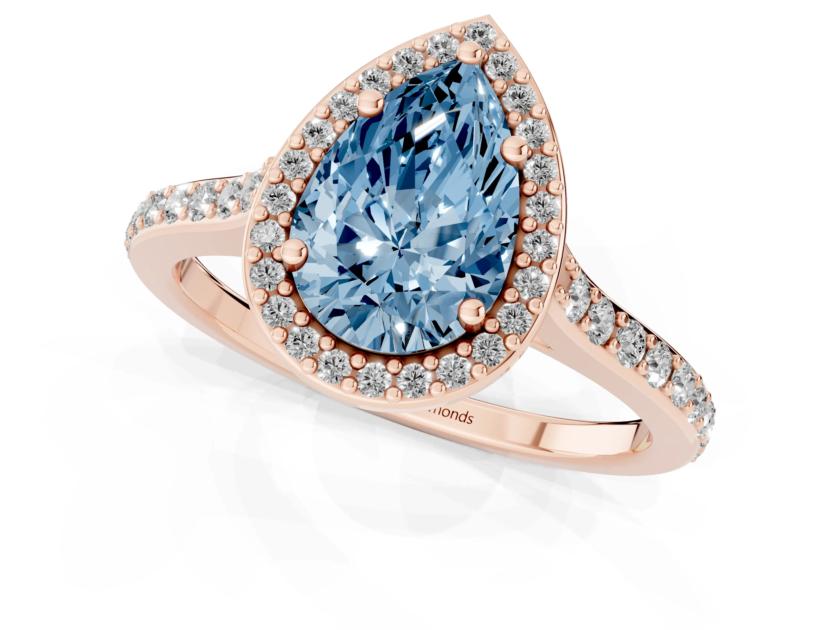 Fancy Blue Pear Cut Diamond Halo Engagement Ring Set in Rose gold with Round Pavé Shoulders and Heart Gallery