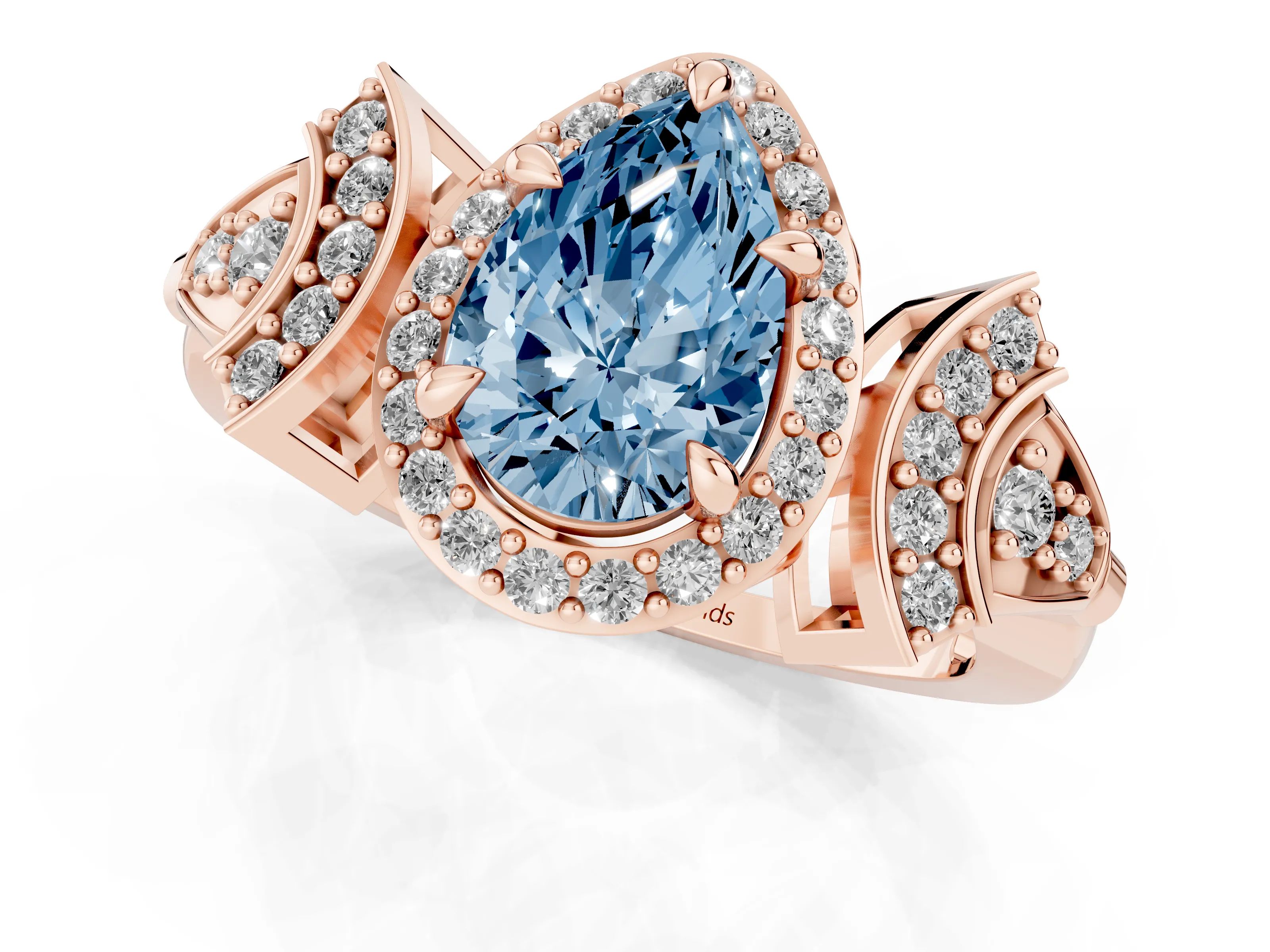 Fancy Blue Pear Cut Diamond Halo Engagement Ring Set in Rose gold with Accent Stone Split Shank