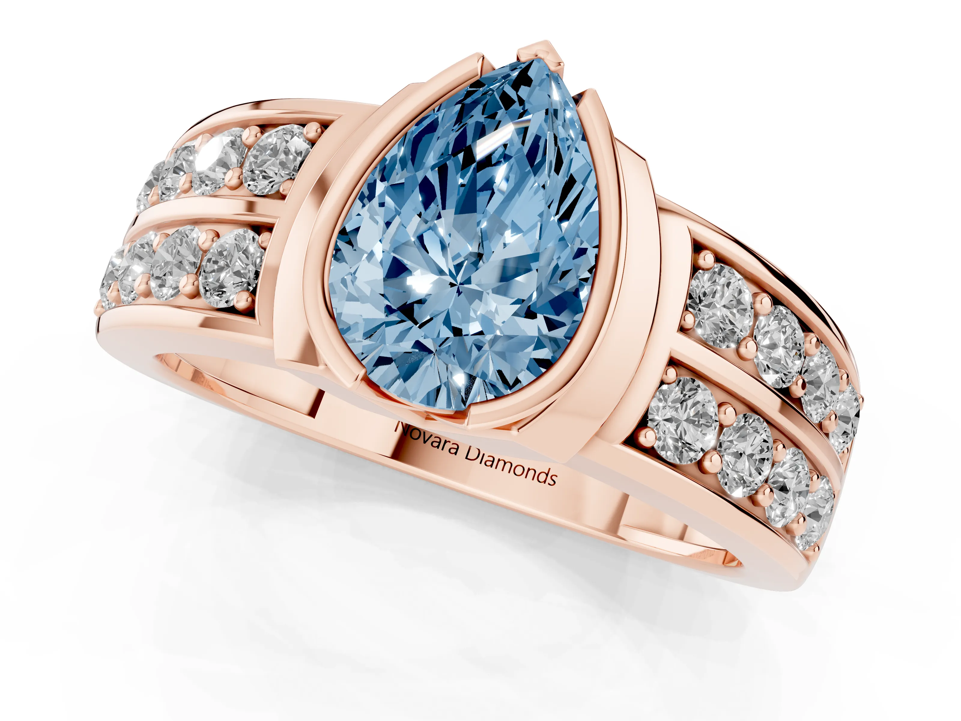 Fancy Blue Pear Cut Diamond Wide Channel Set Band Ring Set in Rose gold with Bezel Setting