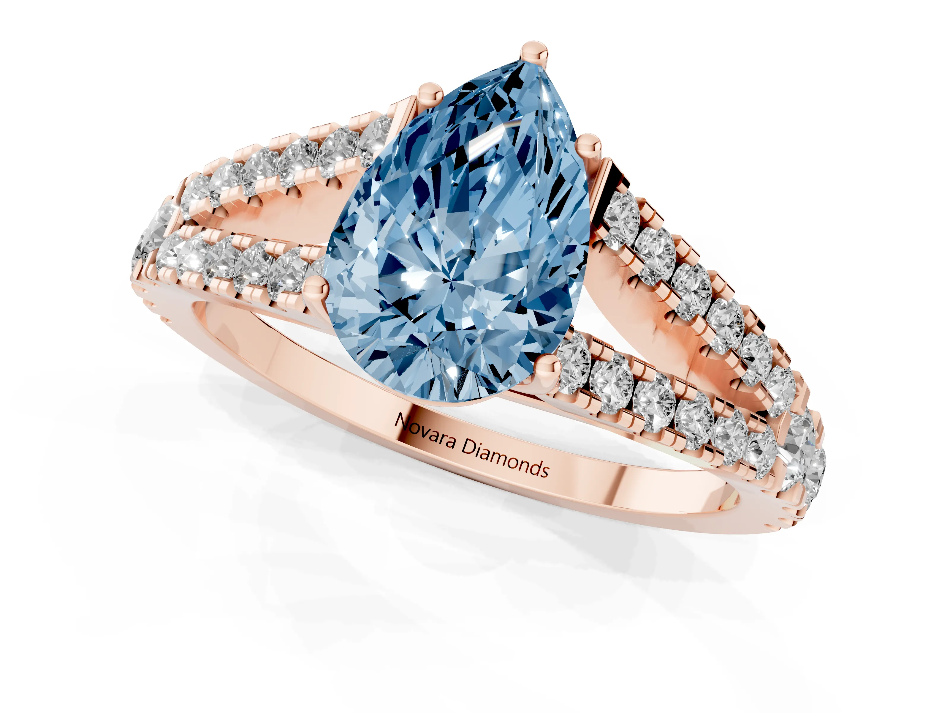 Fancy Blue Pear Cut Diamond Split Shank Pavé Engagement Ring Set in Rose gold with Prong-Held Center Stone