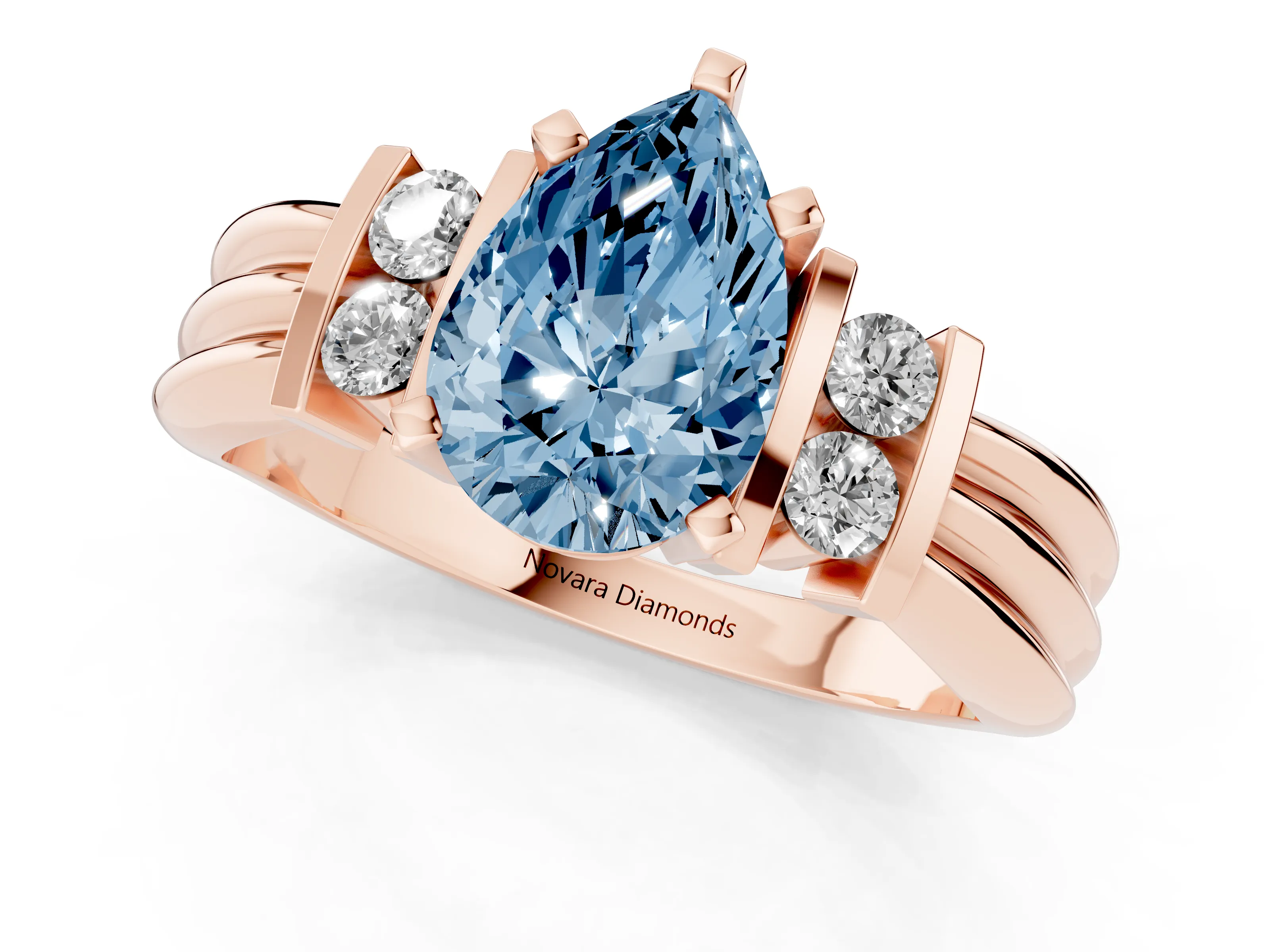 Fancy Blue Three-Stone Pear Cut Diamond Channel Set Ring Set in Rose gold with Bar Prongs