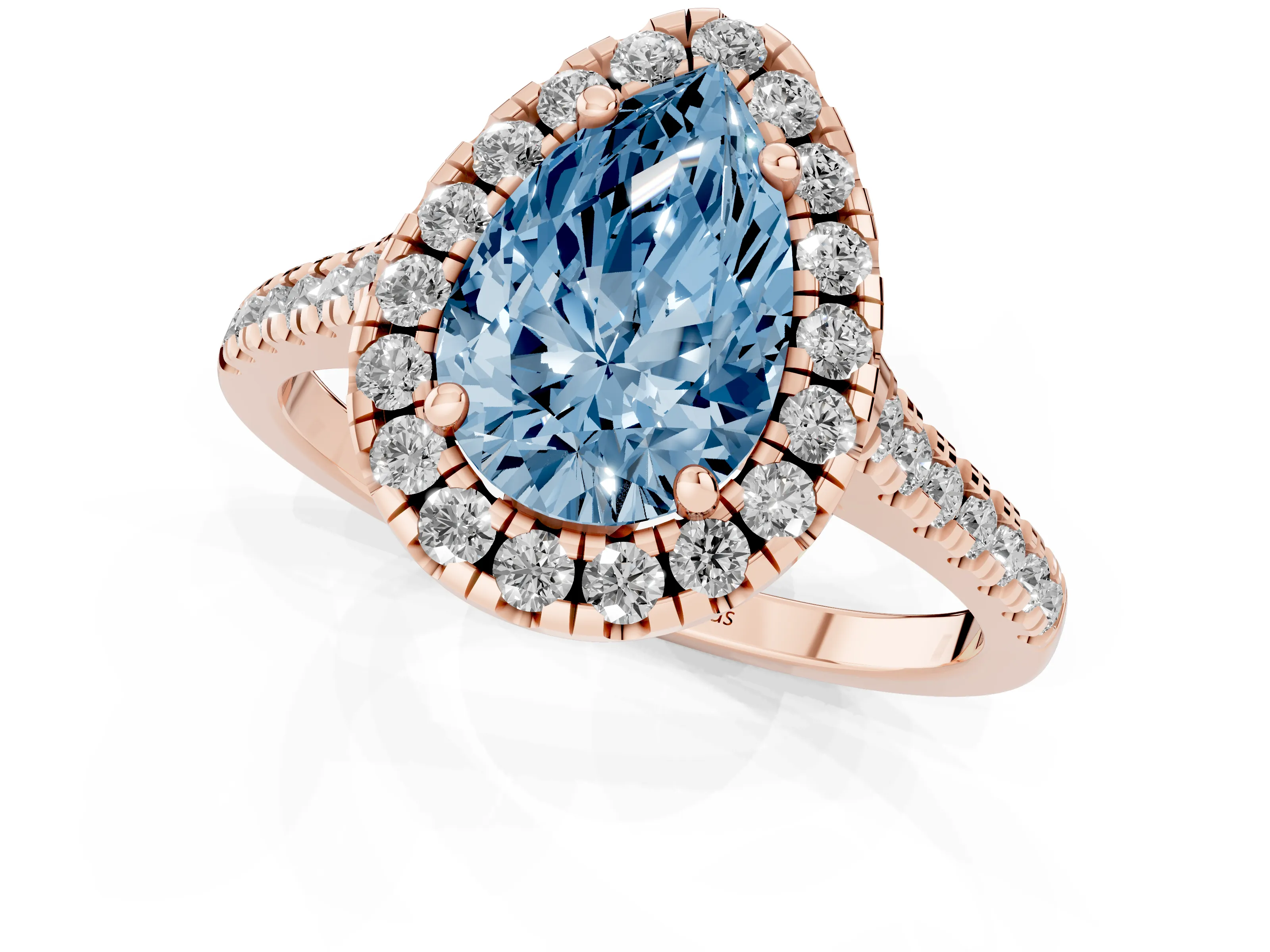 Fancy Blue Pear Cut Diamond Cushion Halo Ring Set in Rose gold with Pavé Band