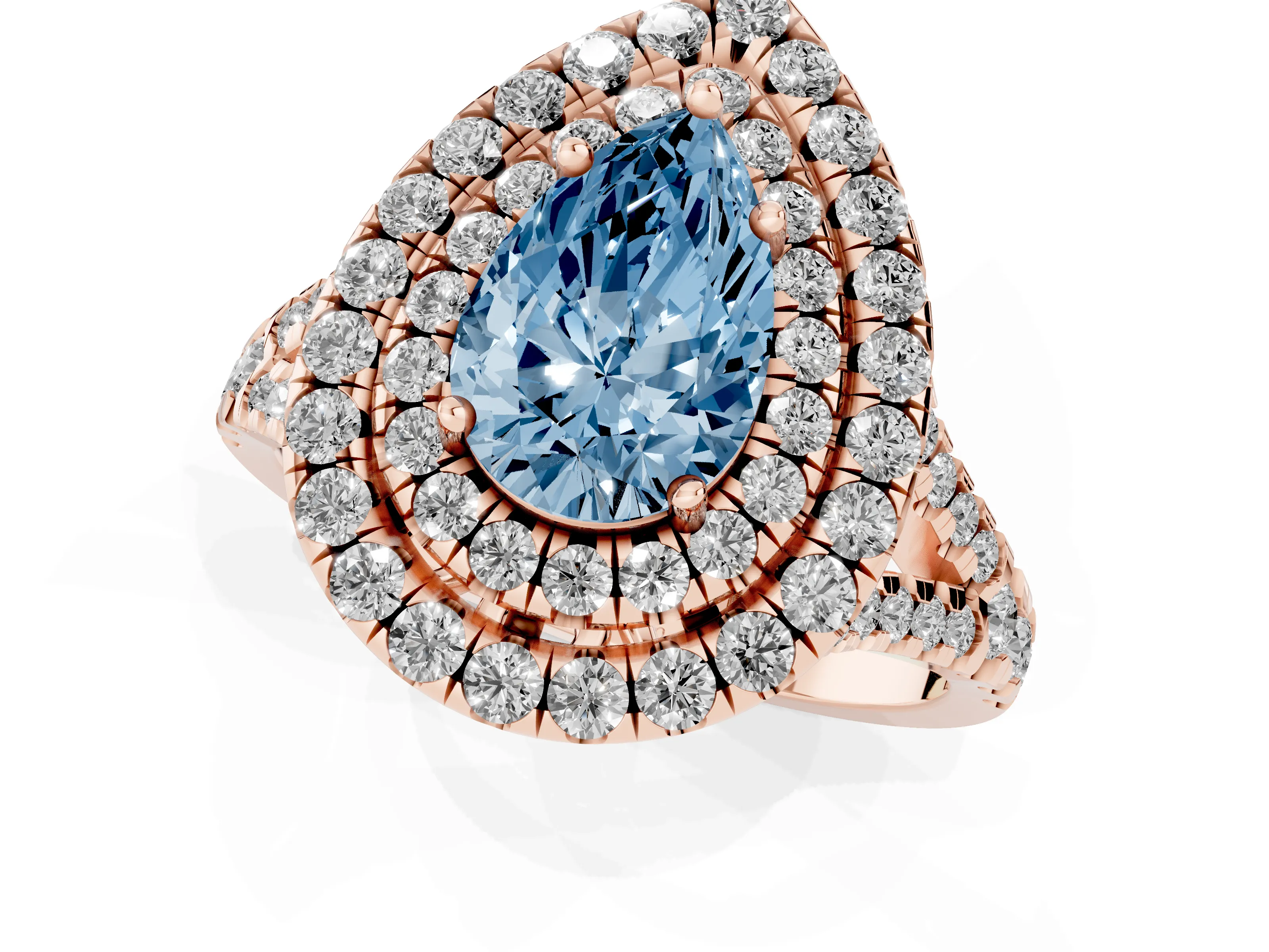 Fancy Blue Pear Cut Diamond Double Halo Ring Set in Rose gold with Pavé Split Shank and Prong Setting
