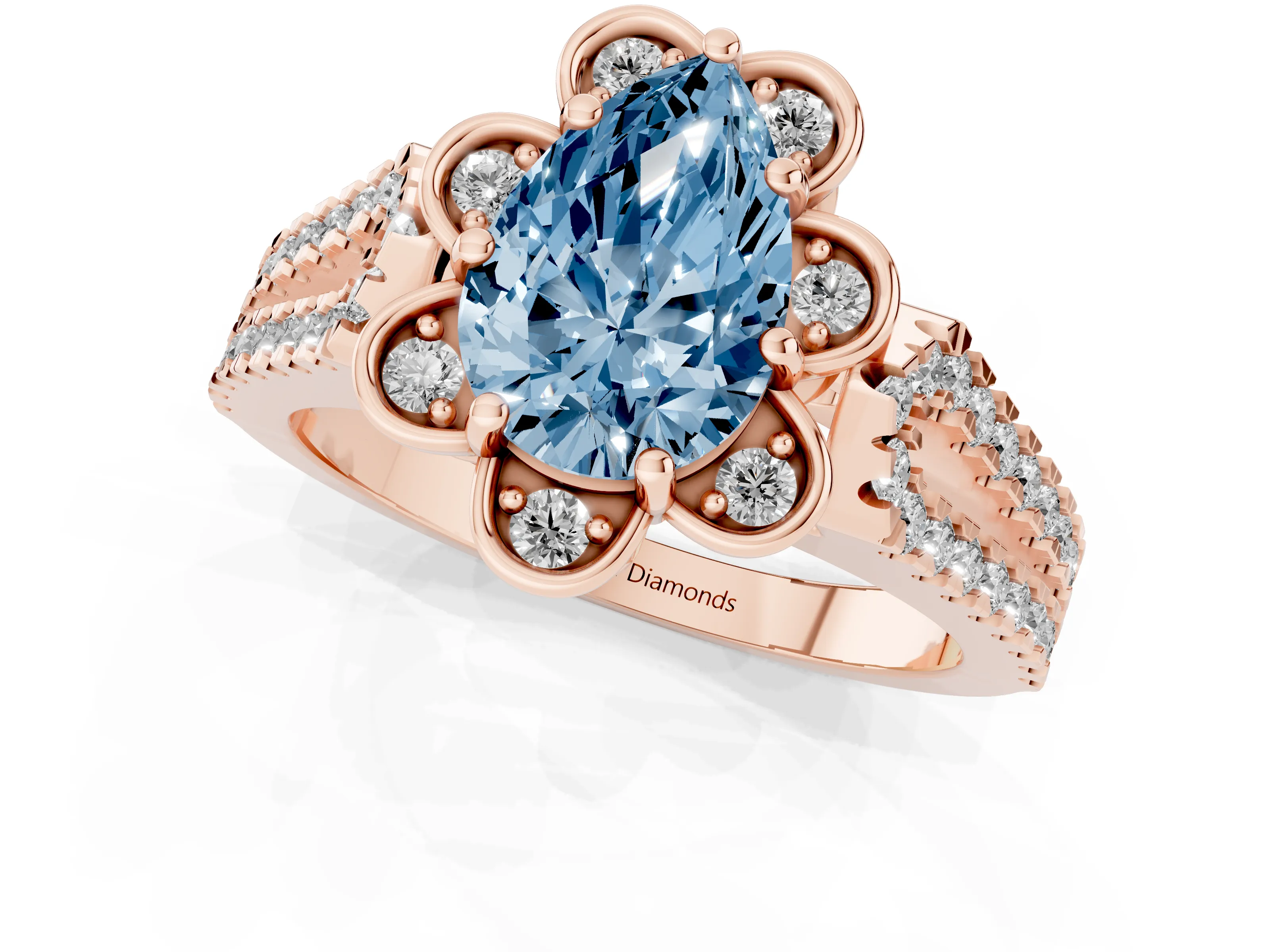Fancy Blue Pear Cut Diamond Floral Halo Split Shank Engagement Ring Set in Rose gold with Pavé Shank