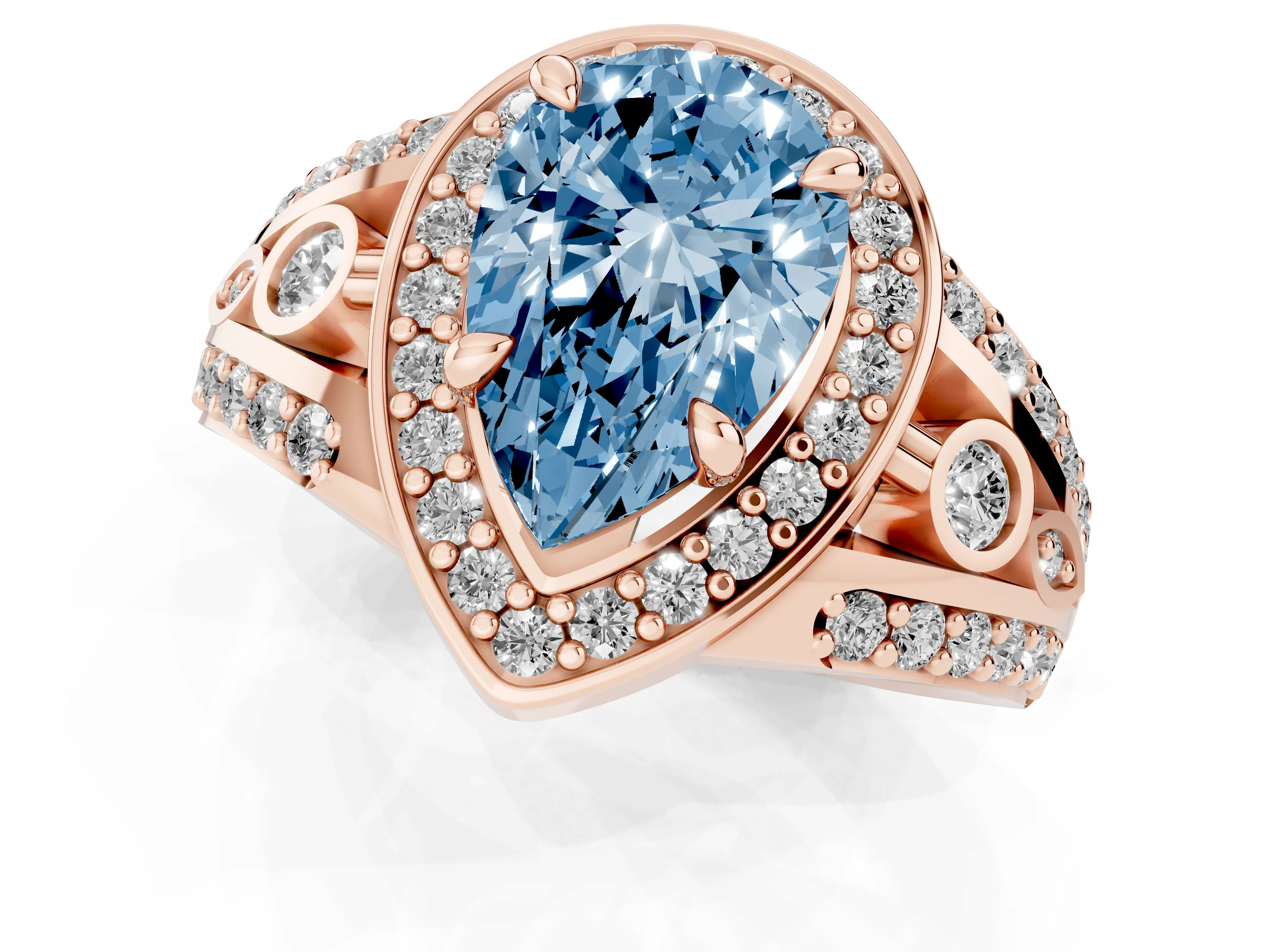 Fancy Blue Pear Cut Diamond Halo Ring Set in Rose gold with Pavé Split Shank and Bezel Accents