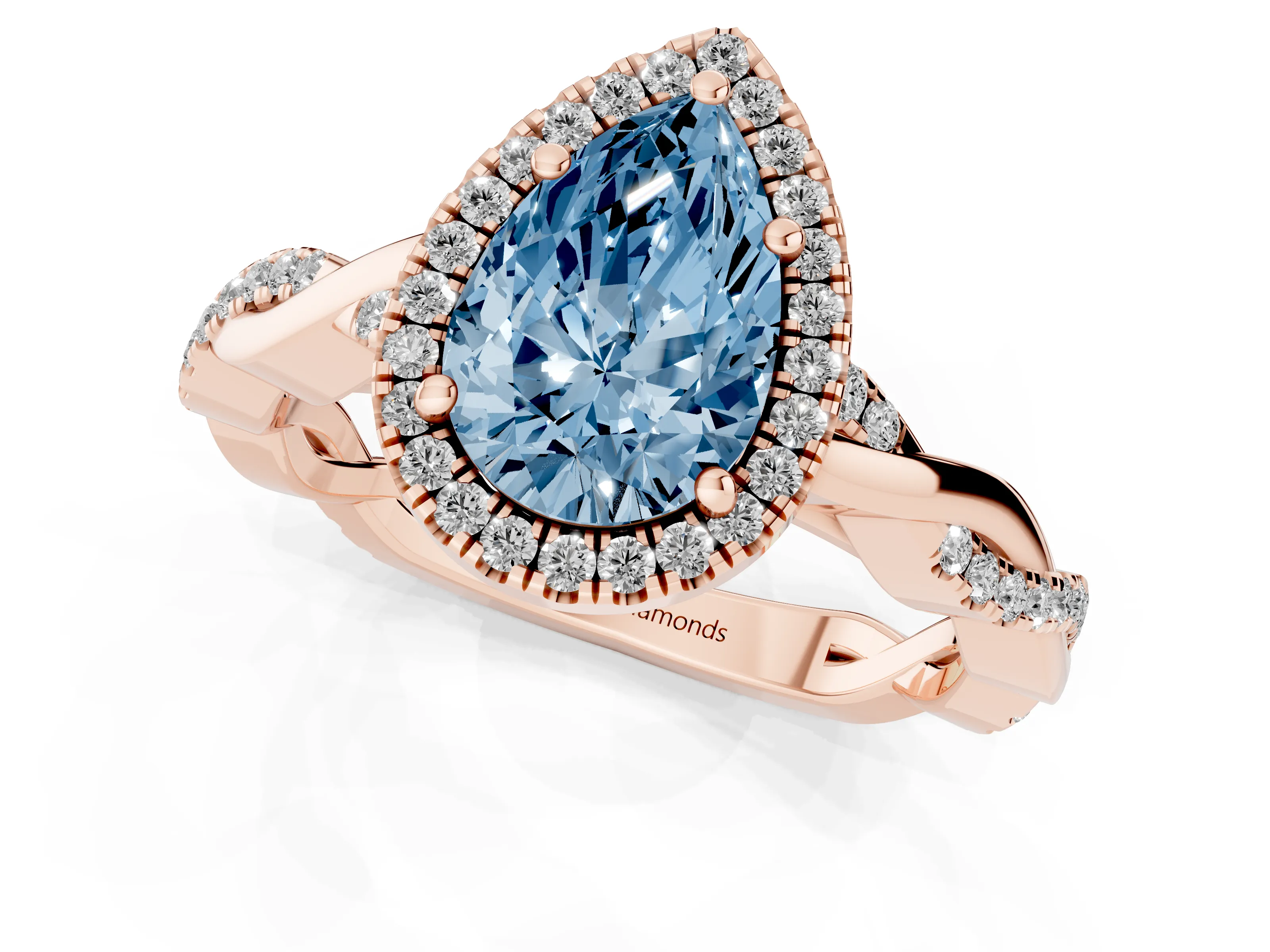 Fancy Blue Pear Cut Diamond Halo Twisted Band Ring Set in Rose gold with Prong Setting
