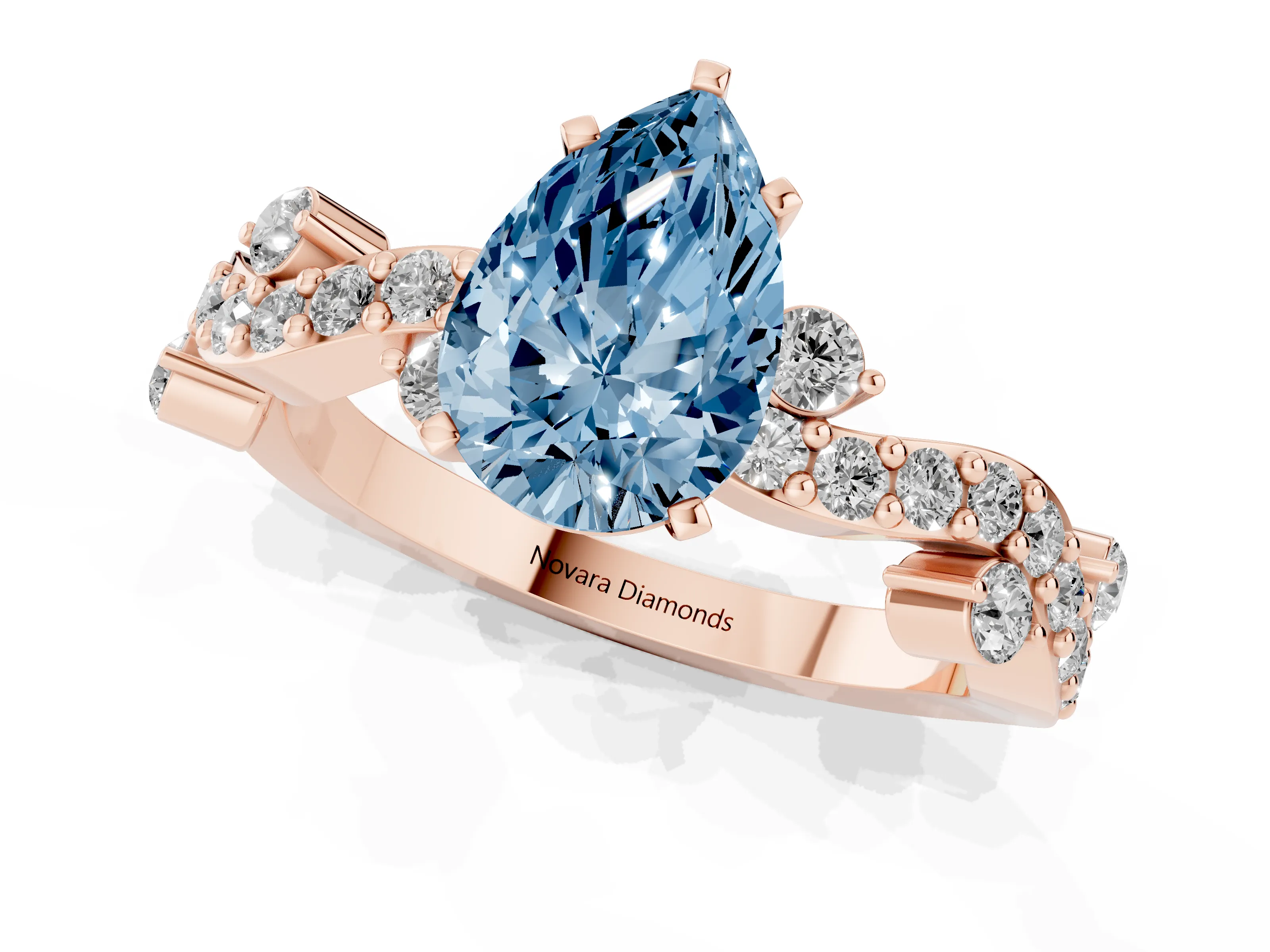 Fancy Blue Pear Cut Diamond Solitaire Twisted Band Set in Rose gold with Pavé Setting