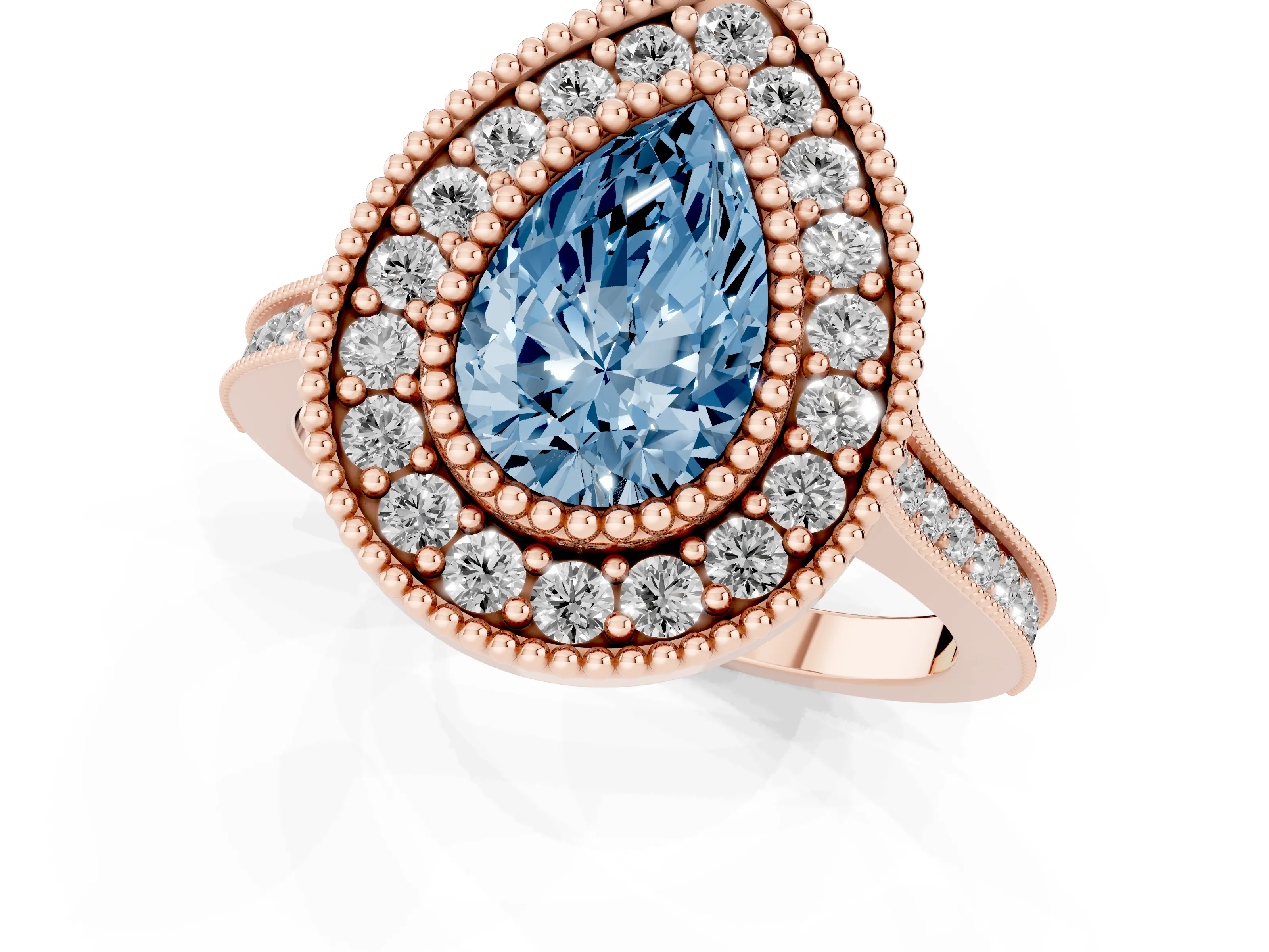 Fancy Blue Pear Cut Diamond Halo Ring Set in Rose gold with Milgrain Frame and Pavé Band