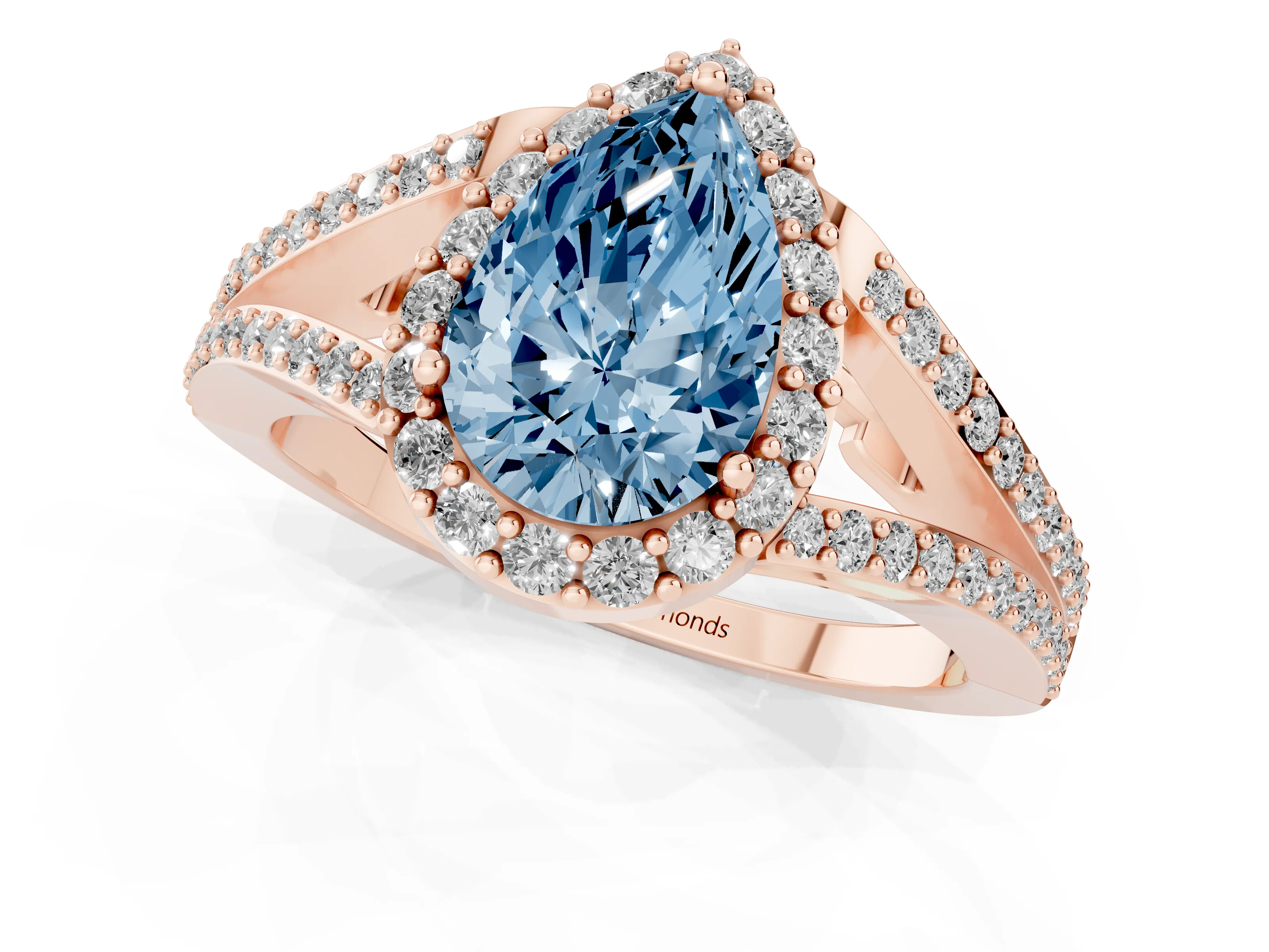 Fancy Blue Pear Cut Diamond Halo Split Shank Pavé Ring Set in Rose gold with Prong Setting