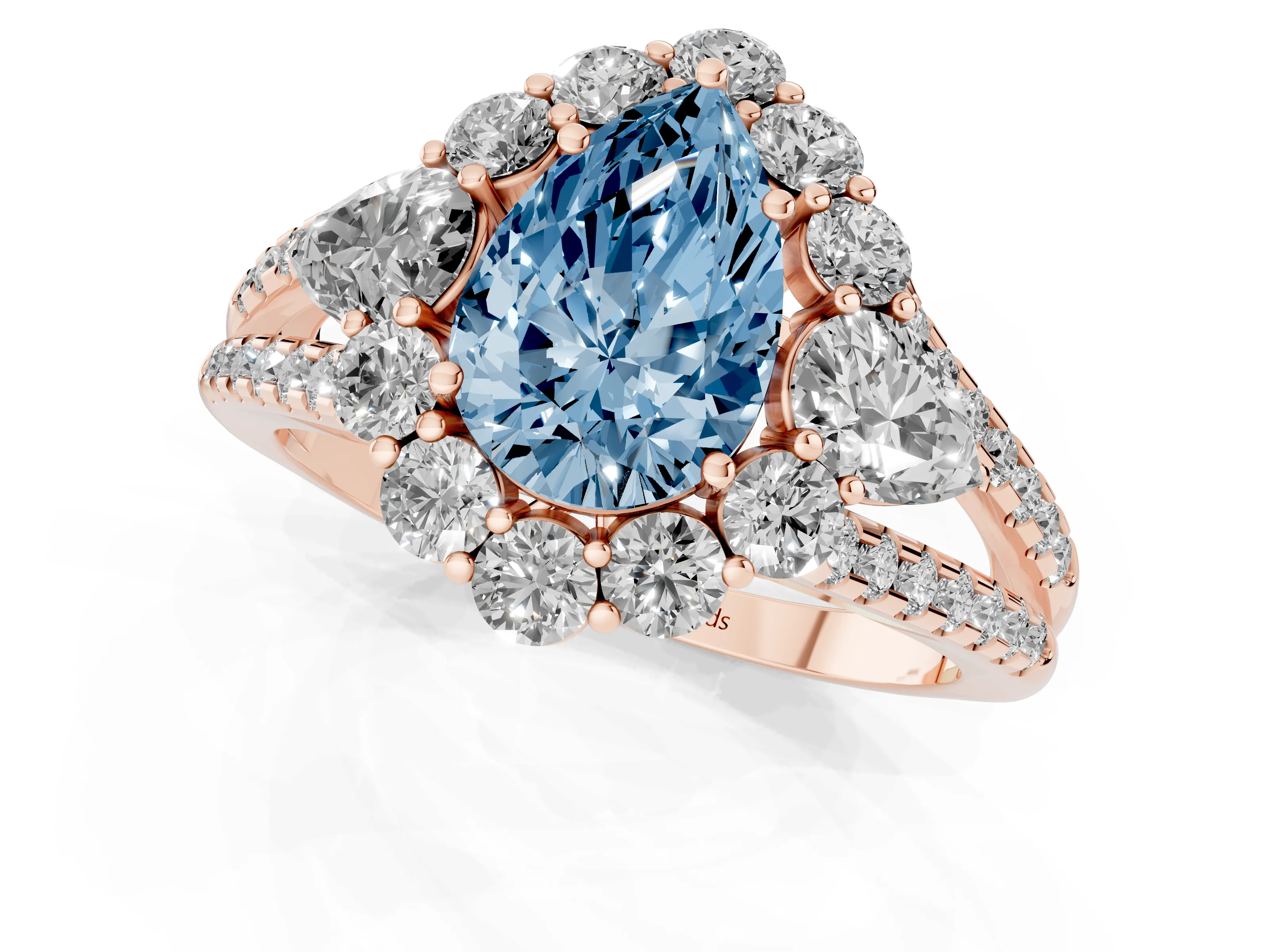 Fancy Blue Pear Cut Diamond Halo Split Shank Engagement Ring Set in Rose gold with Prong-Held Center Stone