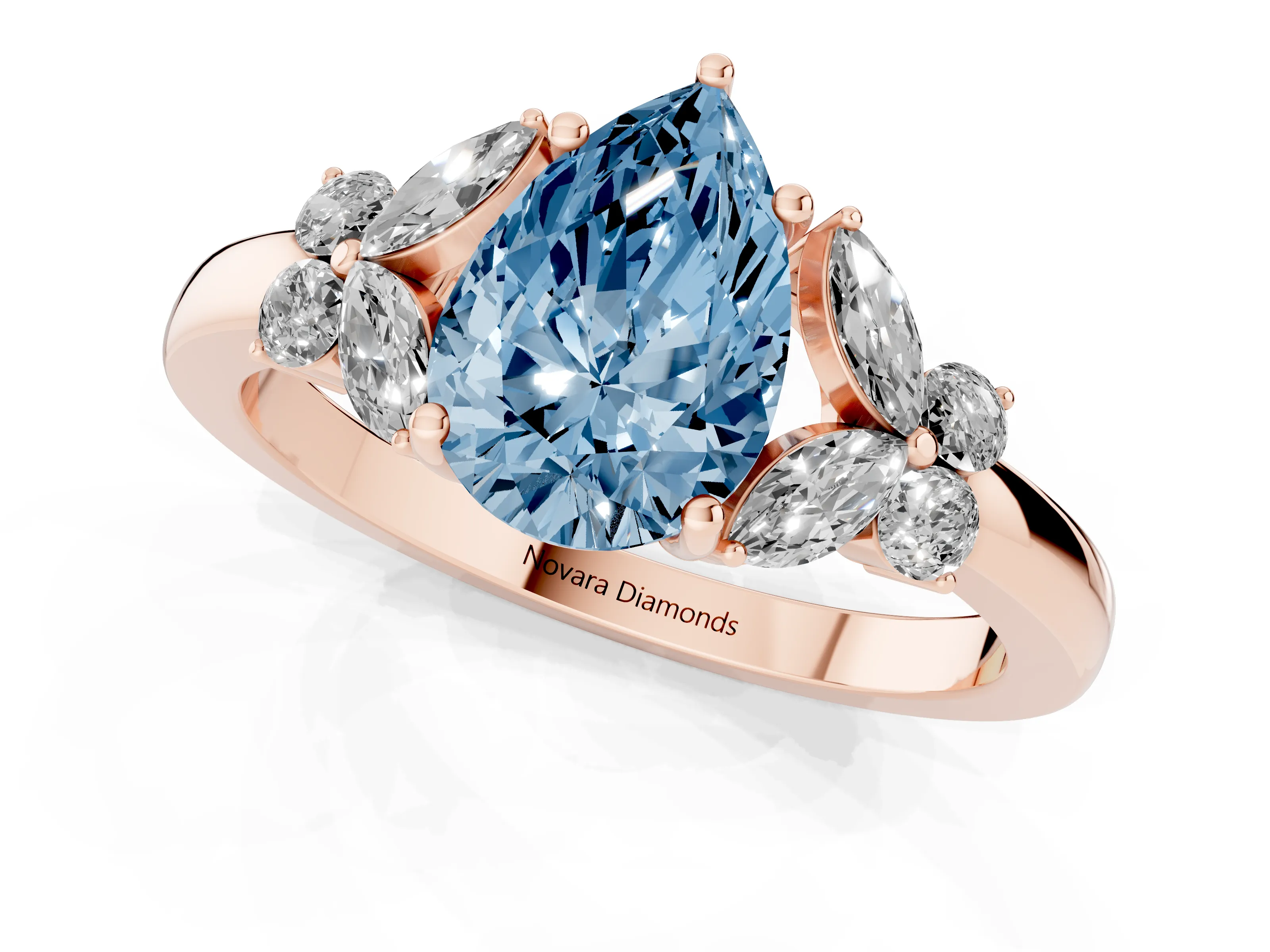 Fancy Blue Pear Cut Diamond Solitaire Floral Ring Set in Rose gold with Marquise Petals and Prong Setting