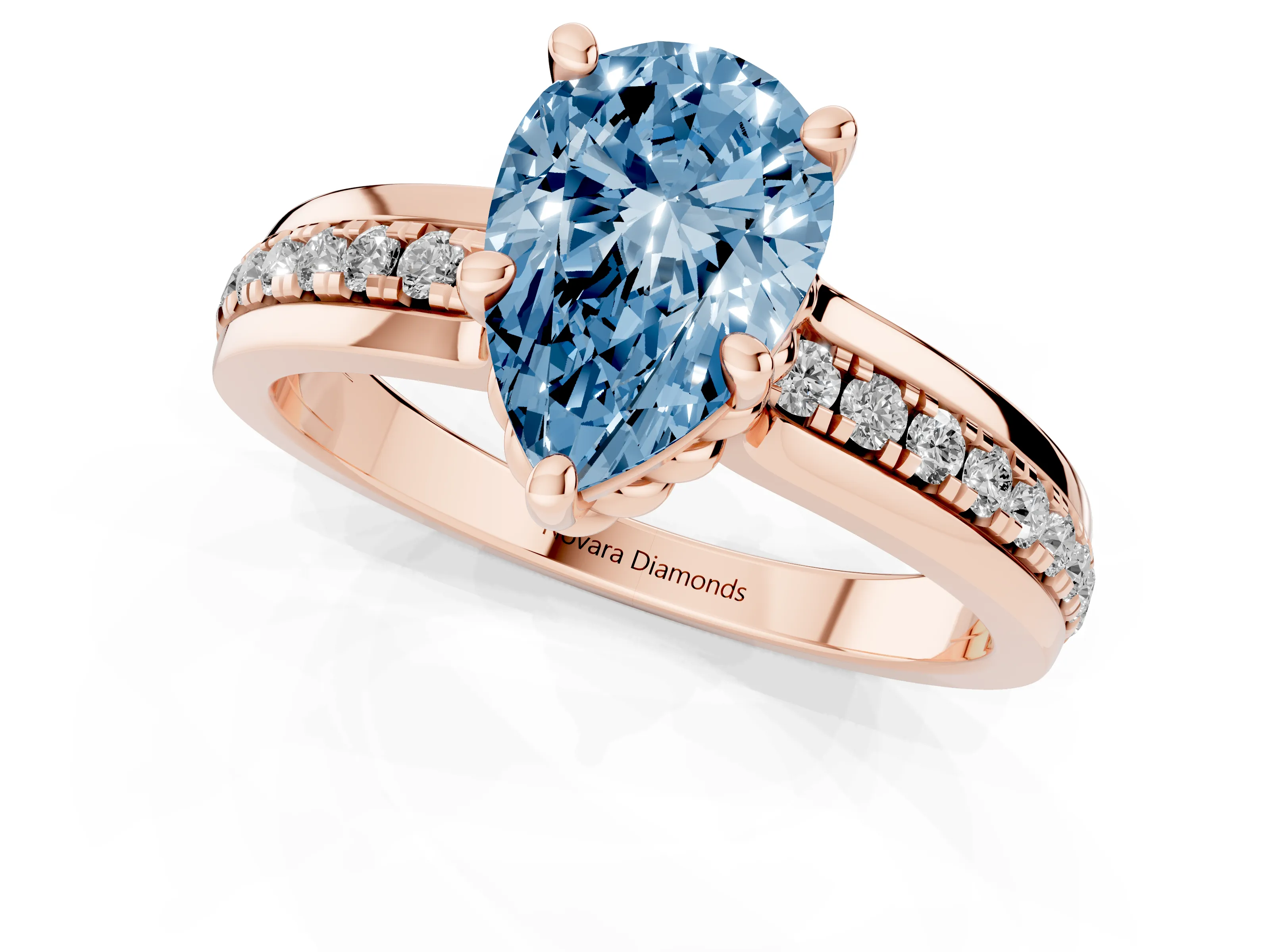 Fancy Blue Pear Cut Diamond Solitaire Ring Set in Rose gold with Channel Set Band and Prong Setting