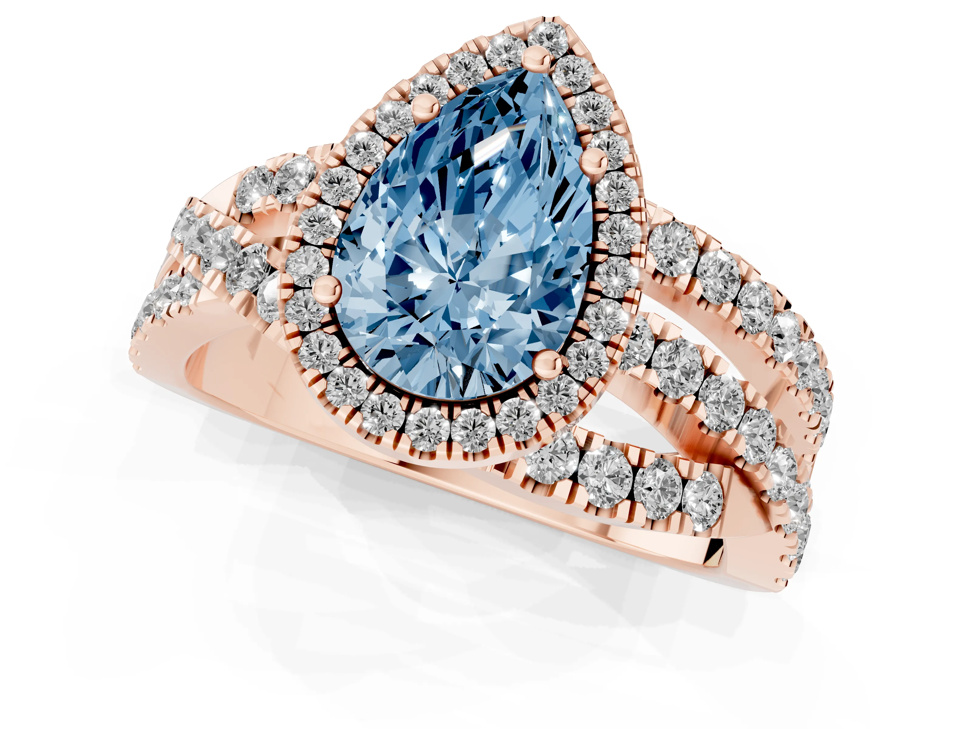 Fancy Blue Pear Cut Diamond Halo Ring Set in Rose gold with Round Crossover Split Shank and Prong Setting