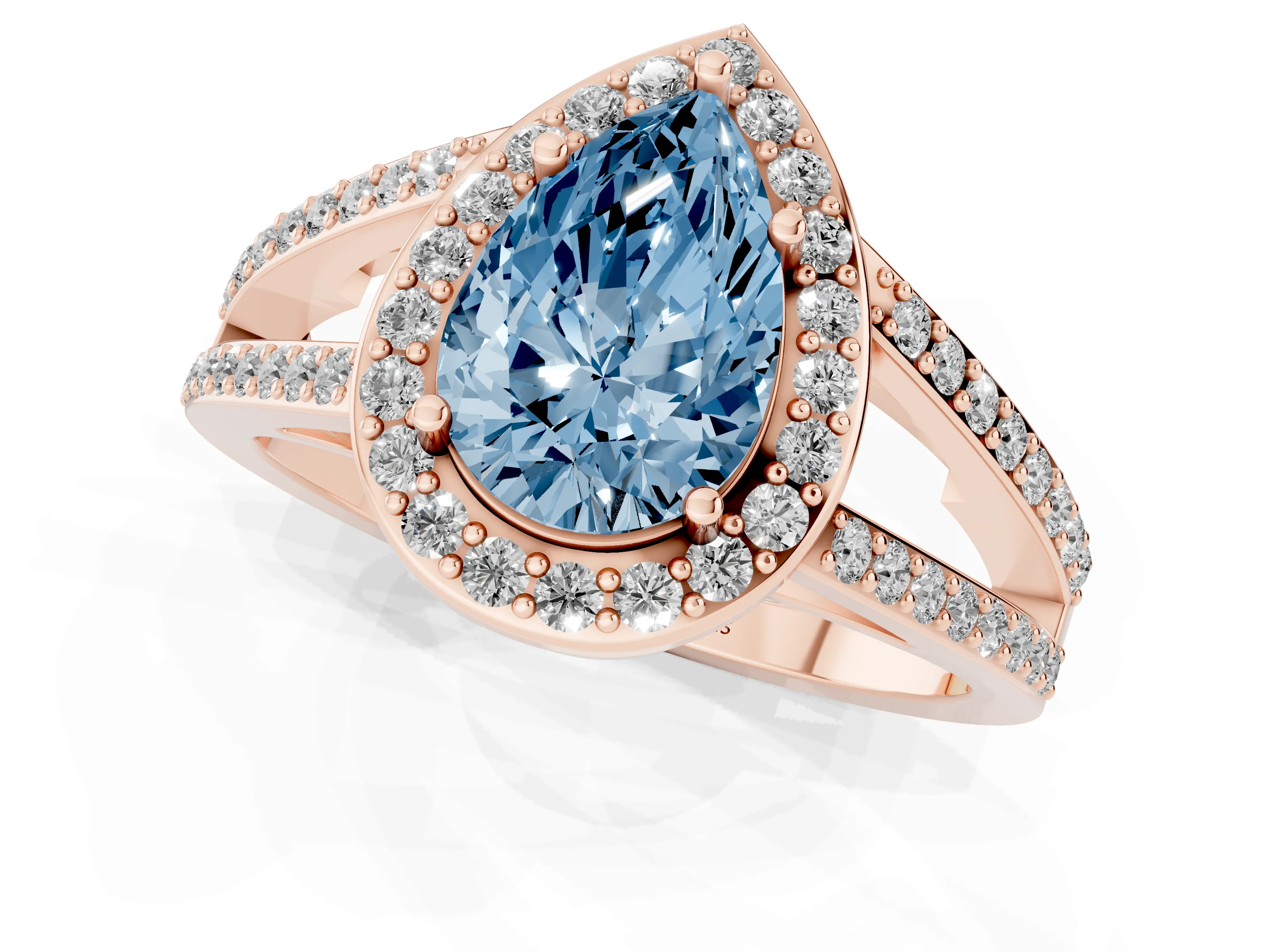 Fancy Blue Pear Cut Diamond Halo Ring Set in Rose gold with U-Prong Split Shank and Prong Setting