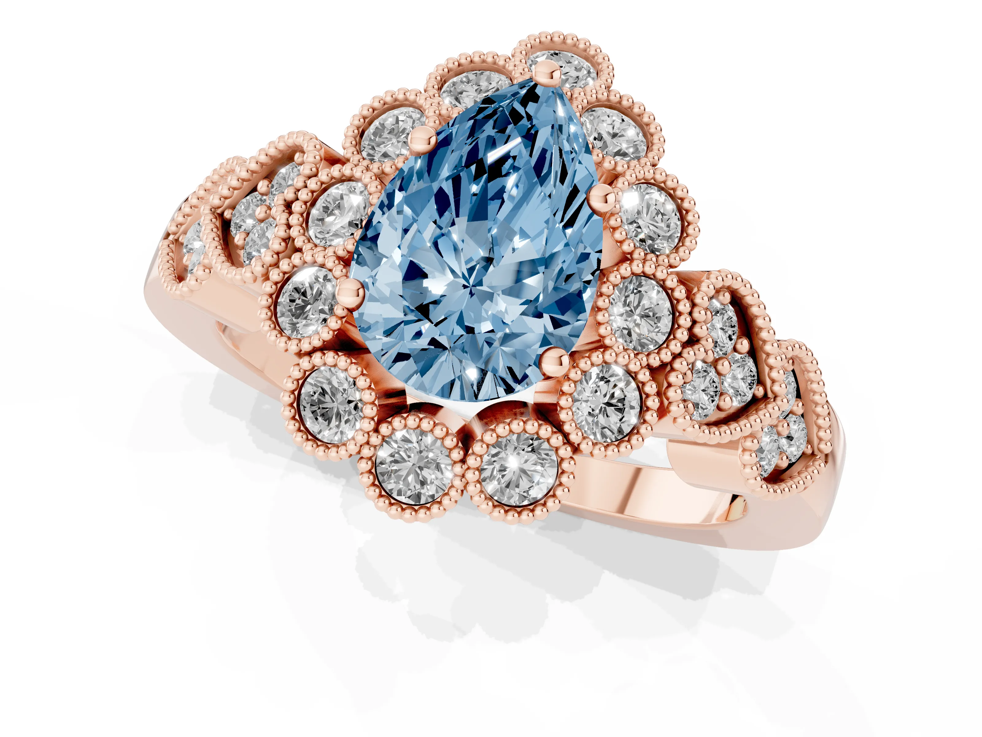Fancy Blue Pear Cut Diamond Solitaire Ring Set in Rose gold with Milgrain Pavé Heart Band