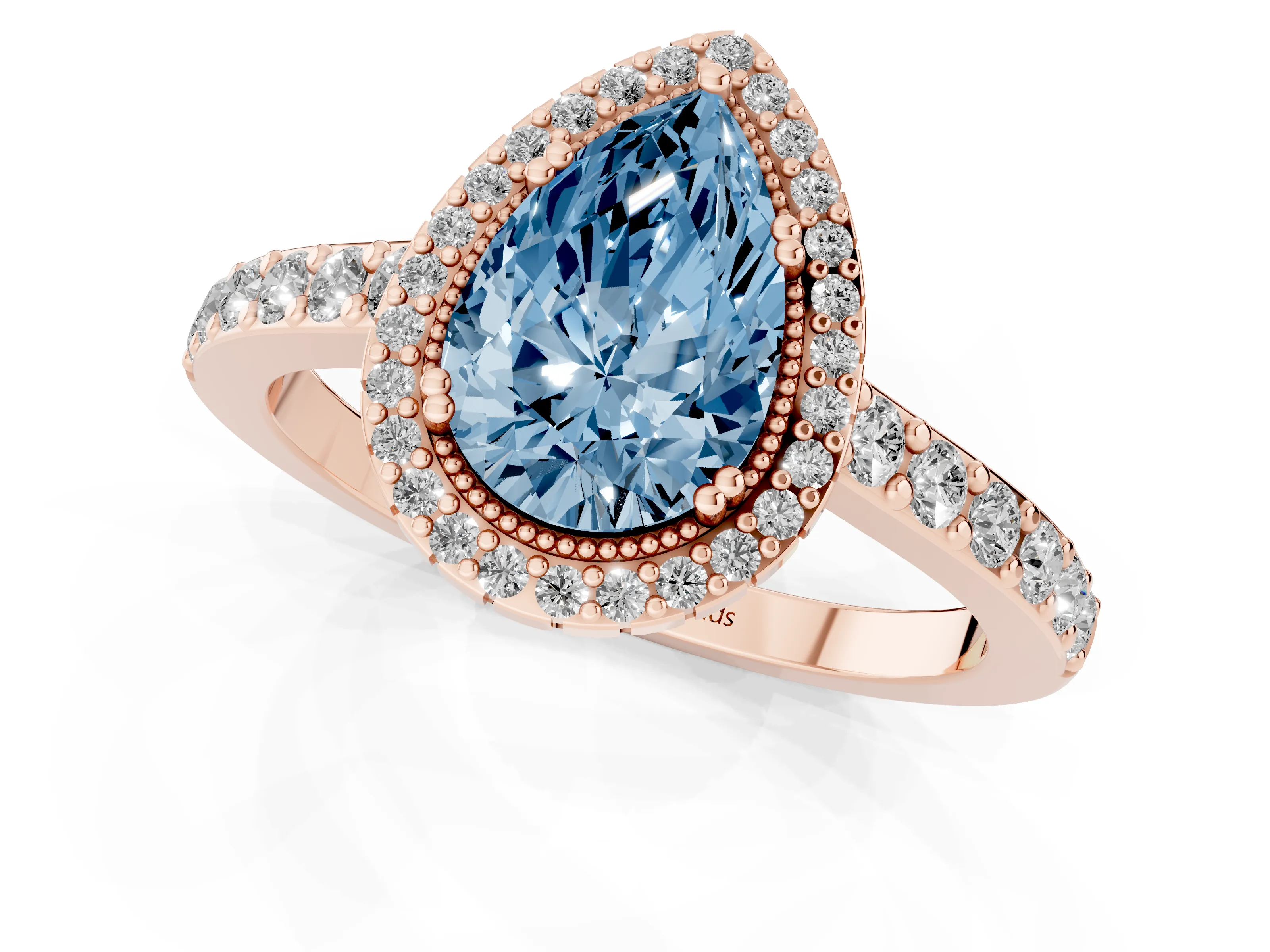 Fancy Blue Pear Cut Diamond Halo Engagement Ring Set in Rose gold with Milgrain Detail and Pavé Band
