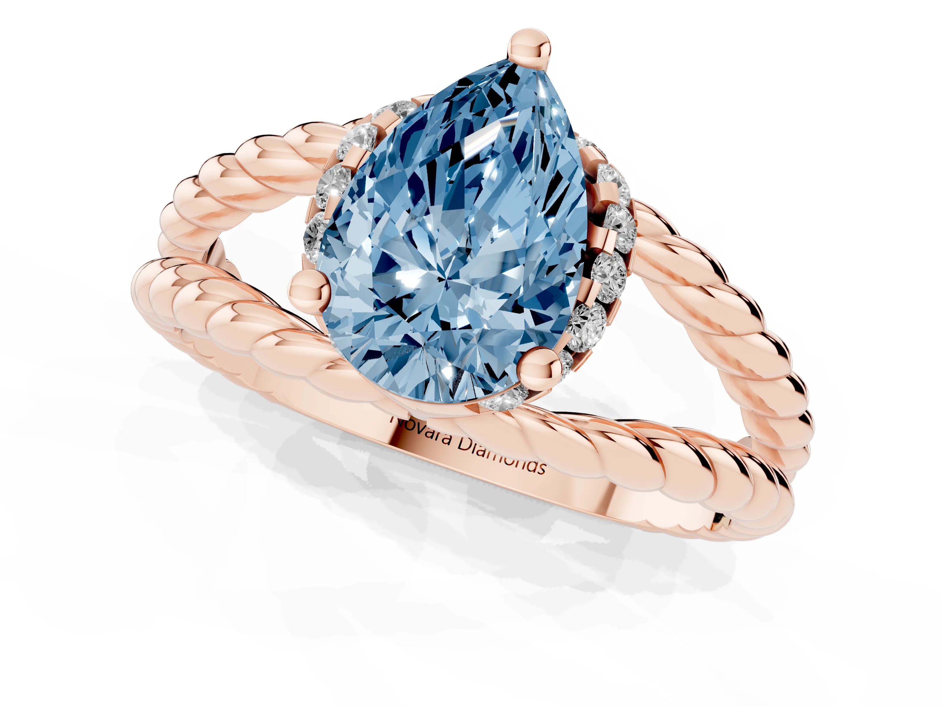 Fancy Blue Pear Cut Diamond Halo Ring Set in Rose gold with Twisted Band and Prong Setting