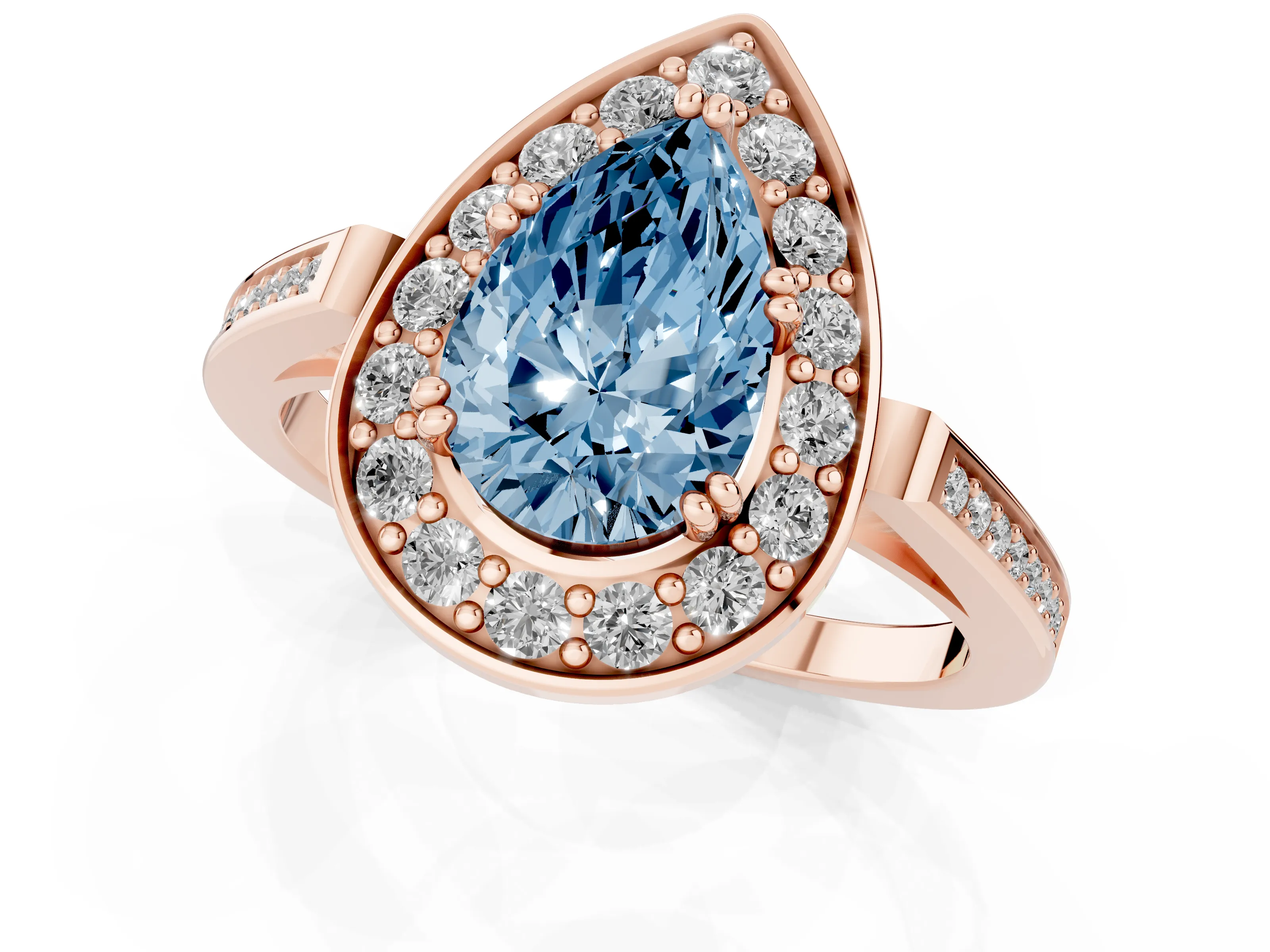 Fancy Blue Pear Cut Diamond Halo Ring Set in Rose gold with Accent-Lined Split Shank and Prong Setting
