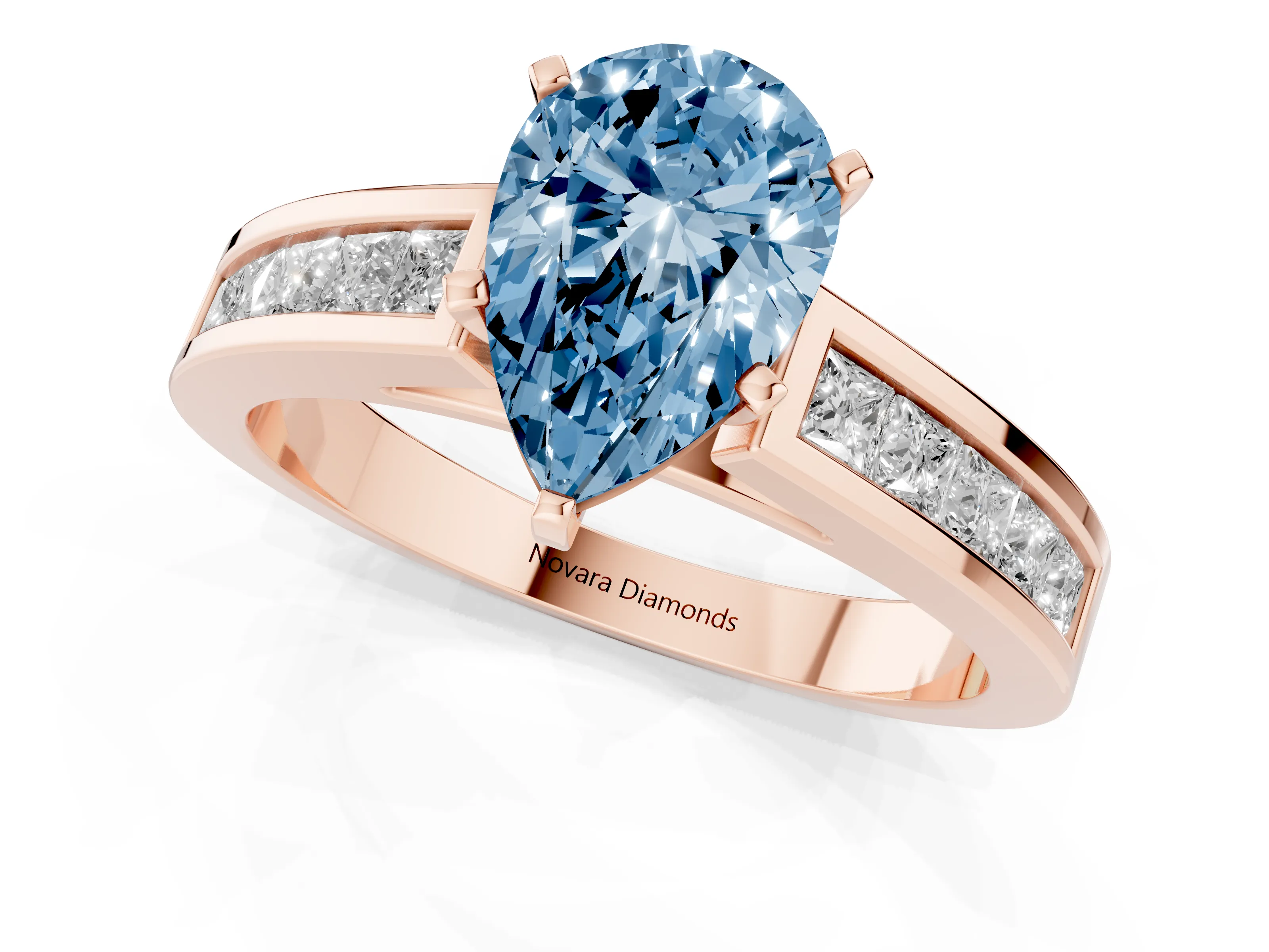 Fancy Blue Pear Cut Diamond Solitaire Ring Set in Rose gold with Channel-Set Band and Prong Setting