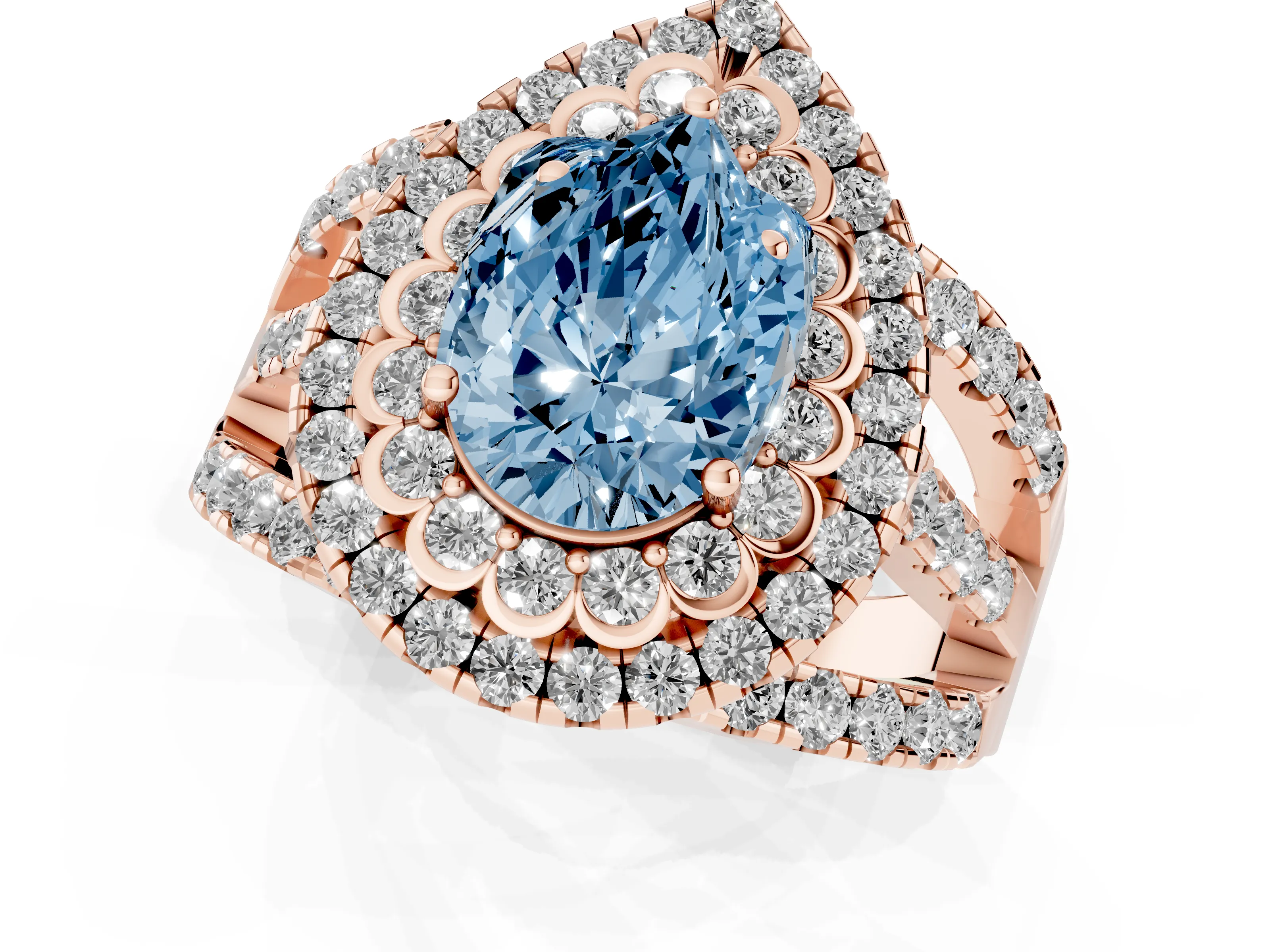 Fancy Blue Pear Cut Diamond Double Halo Ring Set in Rose gold with Round Pavé Split Shank