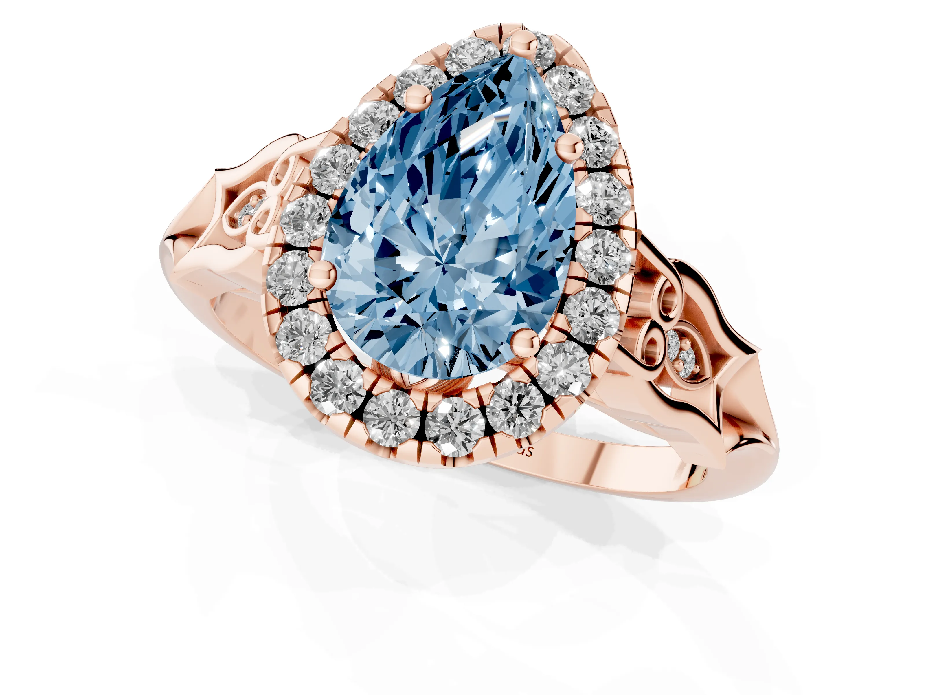 Fancy Blue Pear Cut Diamond Halo Engagement Ring Set in Rose gold with Filigree Band and Prong-Set Center