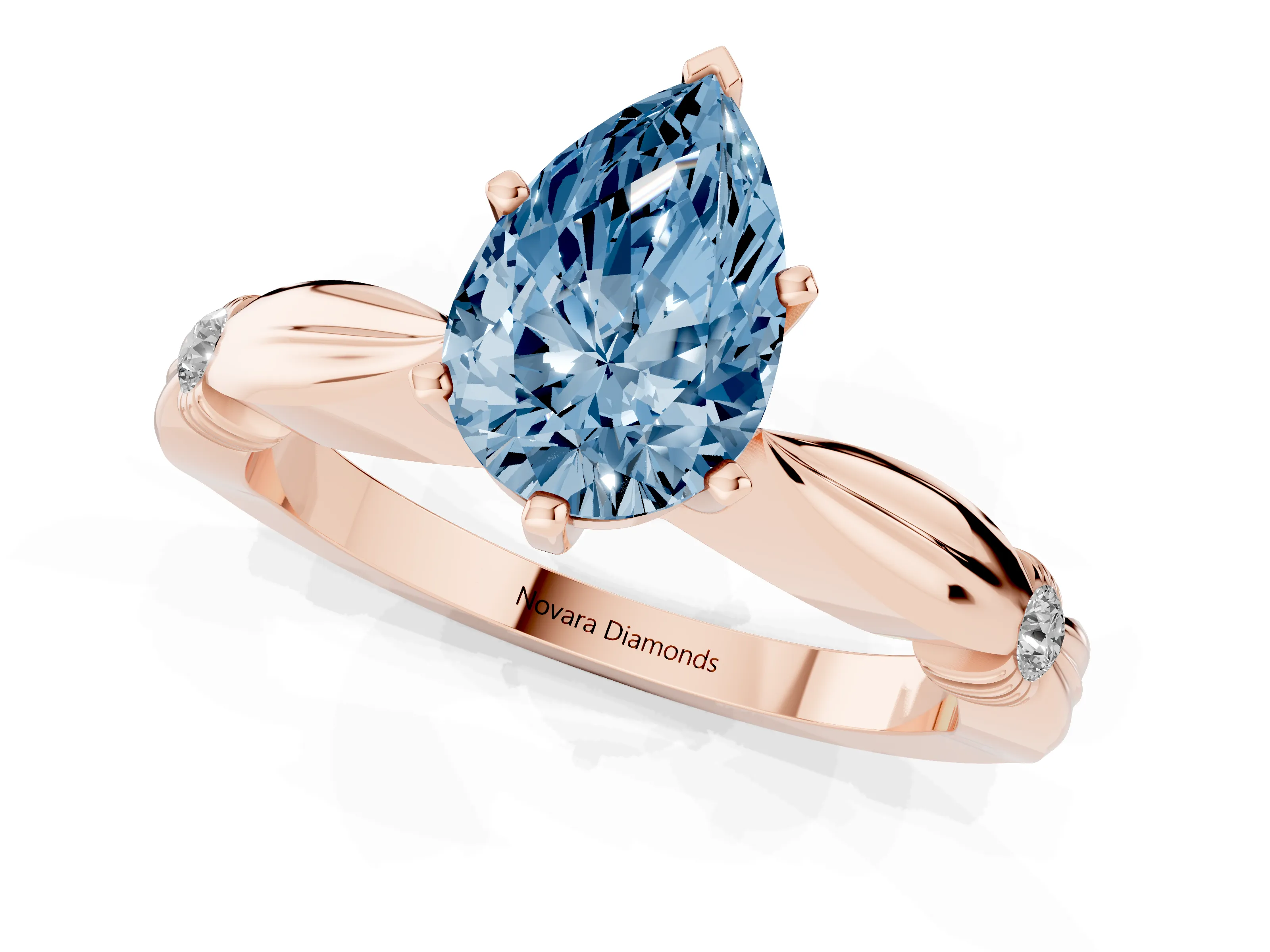 Fancy Blue Pear Cut Diamond Solitaire Twisted Band Ring Set in Rose gold with Accent Stones and Prong Setting – second view