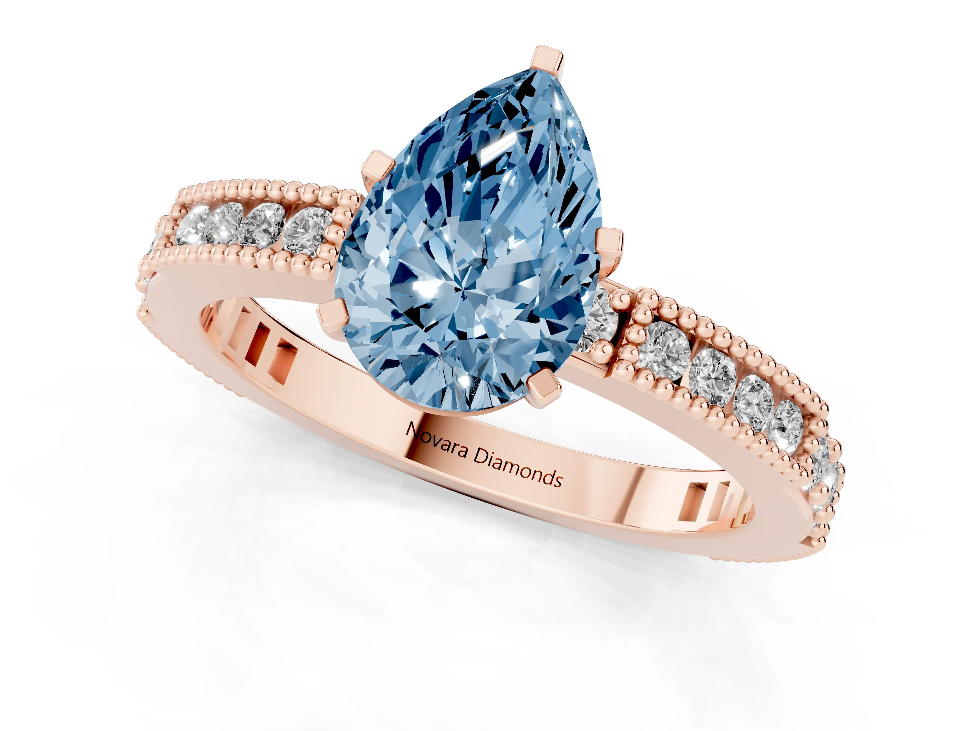 Fancy Blue Pear Cut Diamond Solitaire Ring Set in Rose gold with Slim Pavé Band and Prong Setting