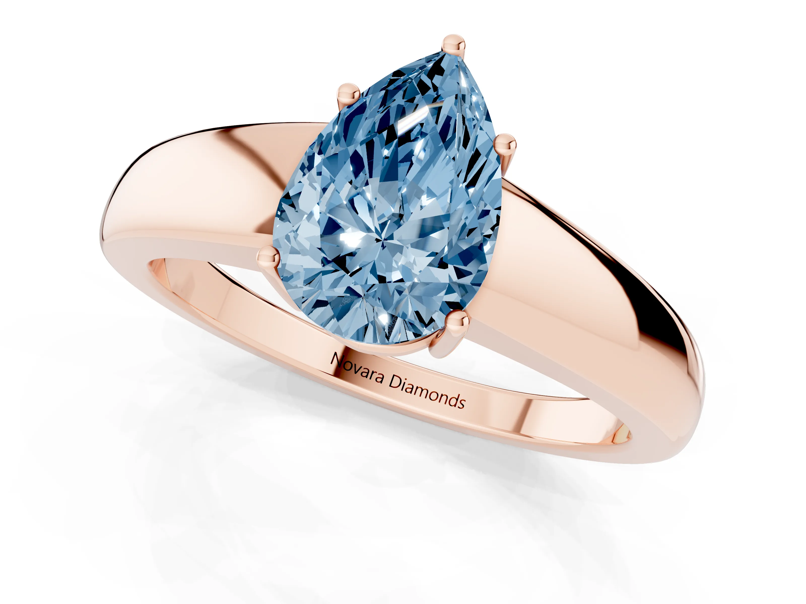 Fancy Blue Pear Cut Diamond Solitaire Ring Set in Rose gold with Tapered Band and Prong Setting