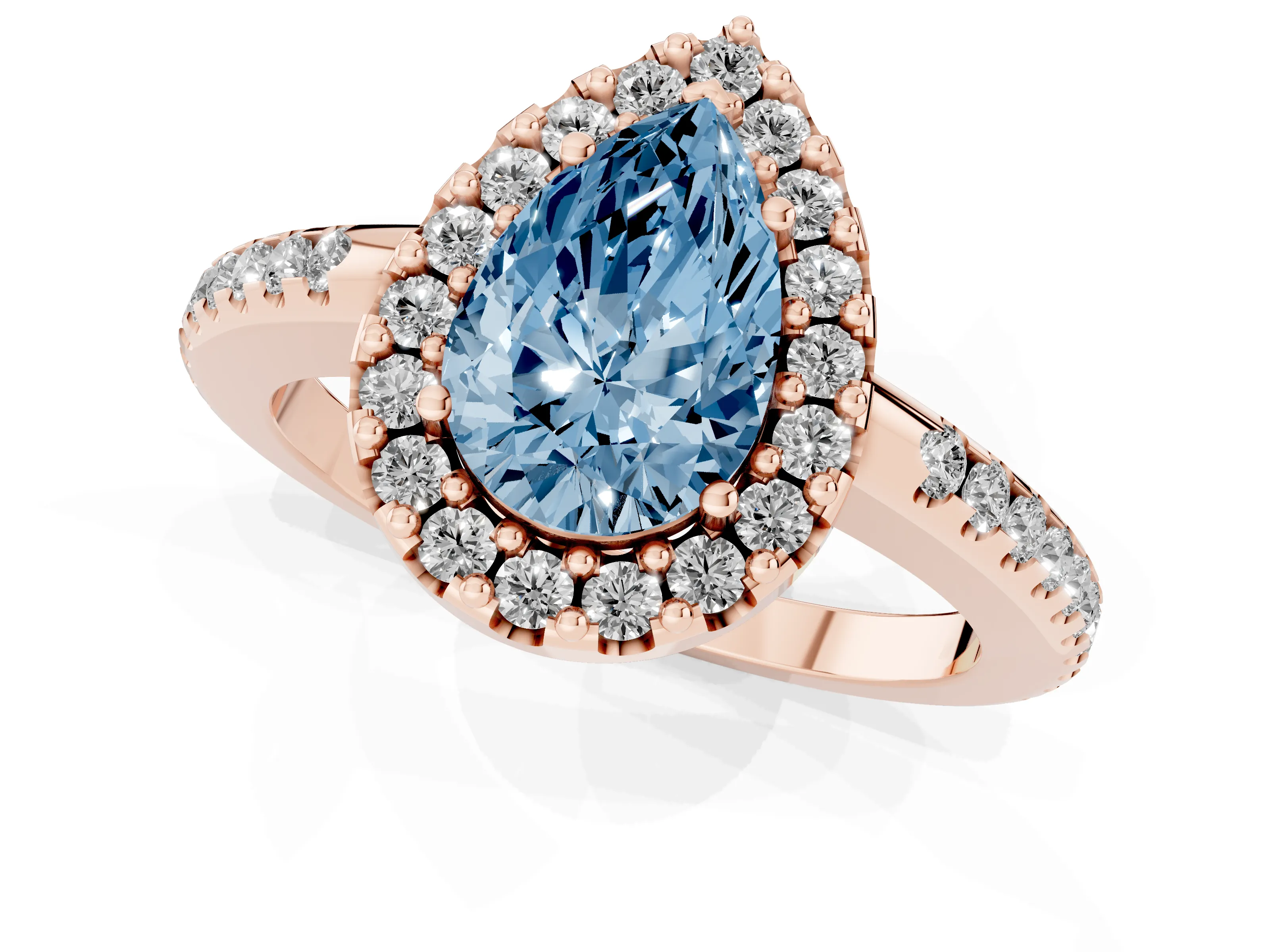 Fancy Blue Pear Cut Diamond Pavé Halo Ring Set in Rose gold with Prong Setting