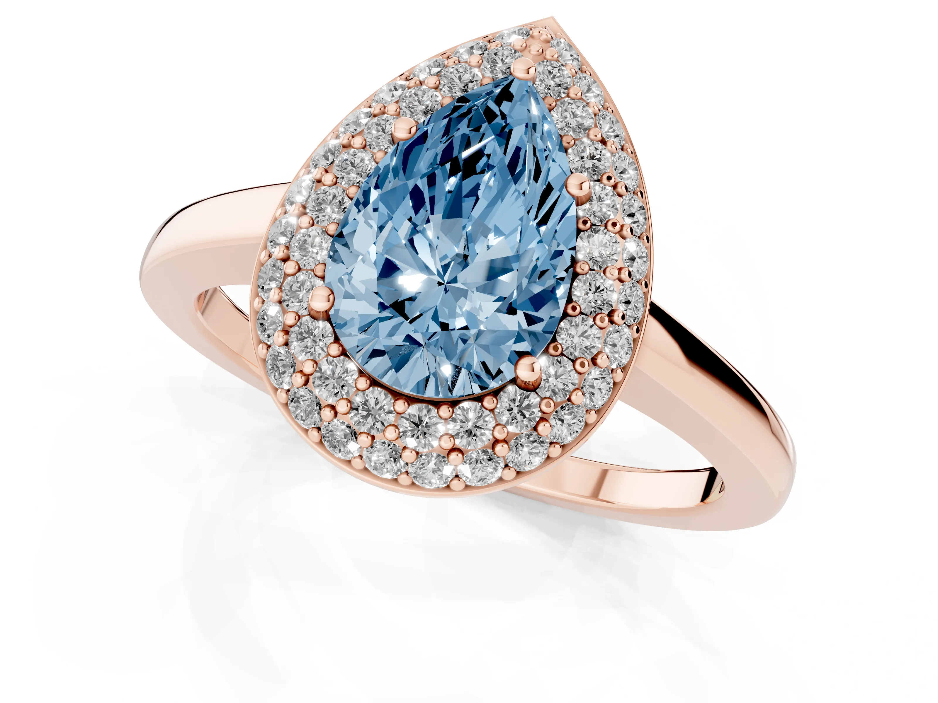 Fancy Blue Pear Cut Diamond Halo Engagement Ring Set in Rose gold with Solitaire Band and Prong Setting