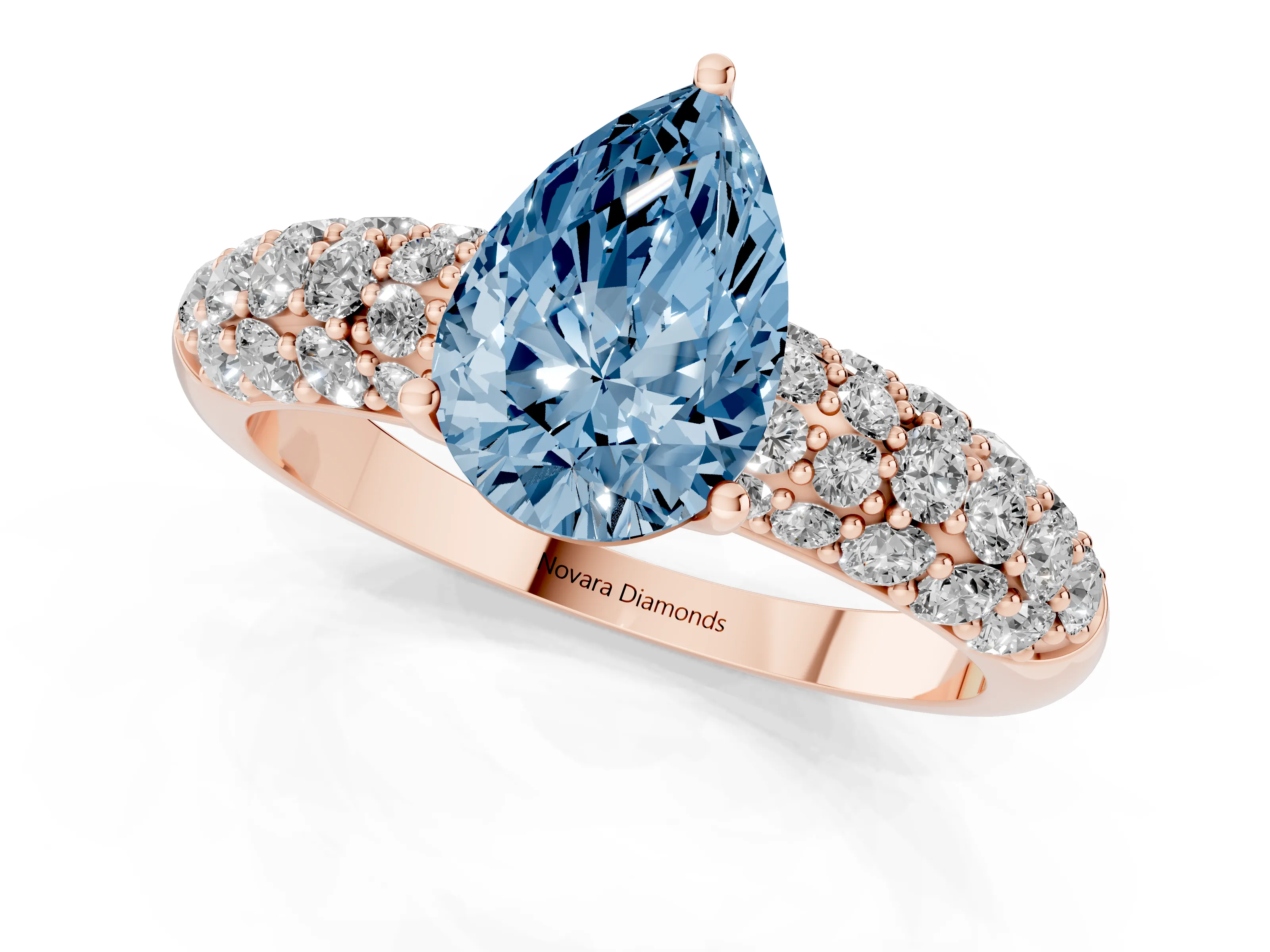 Fancy Blue Pear Cut Diamond Pavé Band Solitaire Ring Set in Rose gold with Close-Set Accent Stones and Prong Setting