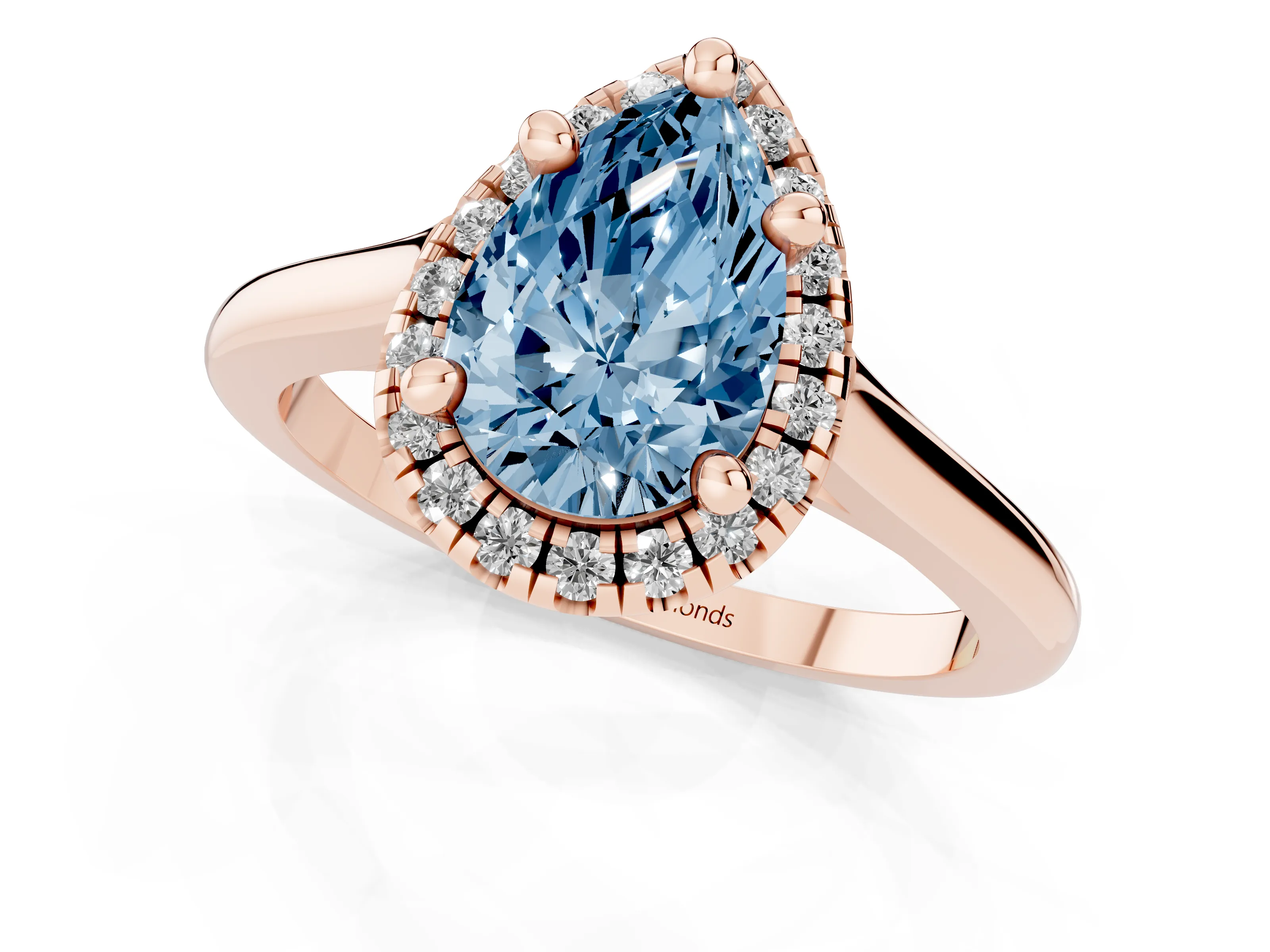 Fancy Blue Pear Cut Diamond Halo Engagement Ring Set in Rose gold with Pavé Band and Rising Shoulders