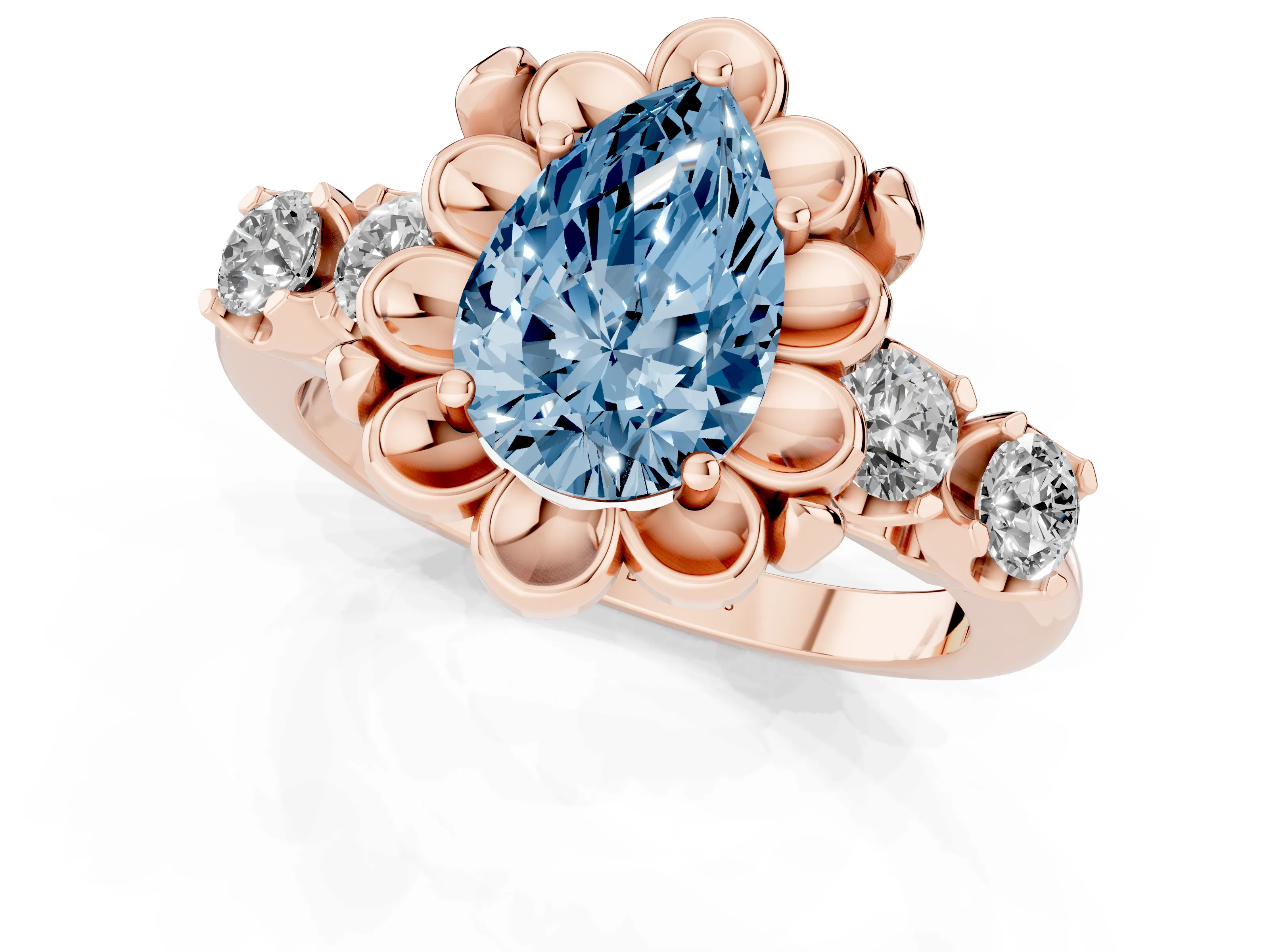 Fancy Blue Pear Cut Diamond Floral Halo Ring Set in Rose gold with Shared Prong Band
