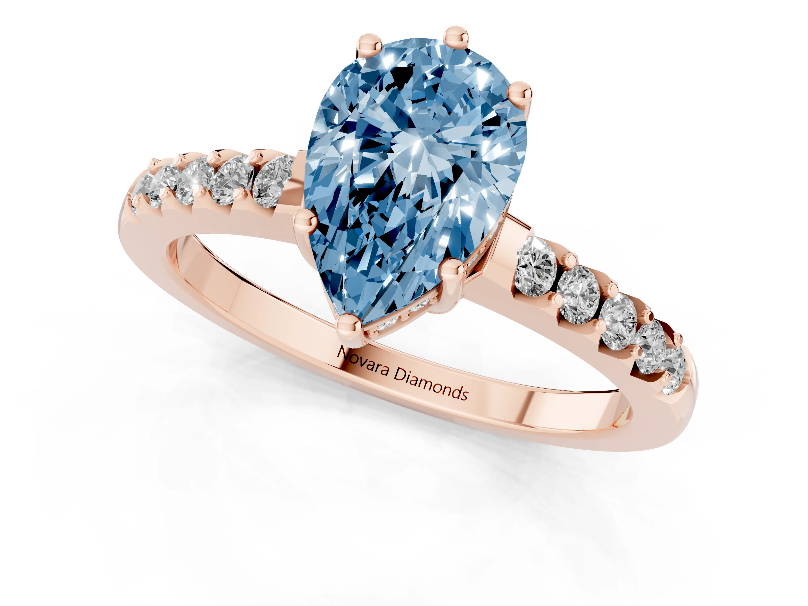 Fancy Blue Pear Cut Diamond Solitaire Engagement Ring Set in Rose gold with Pavé Band and Prong Setting