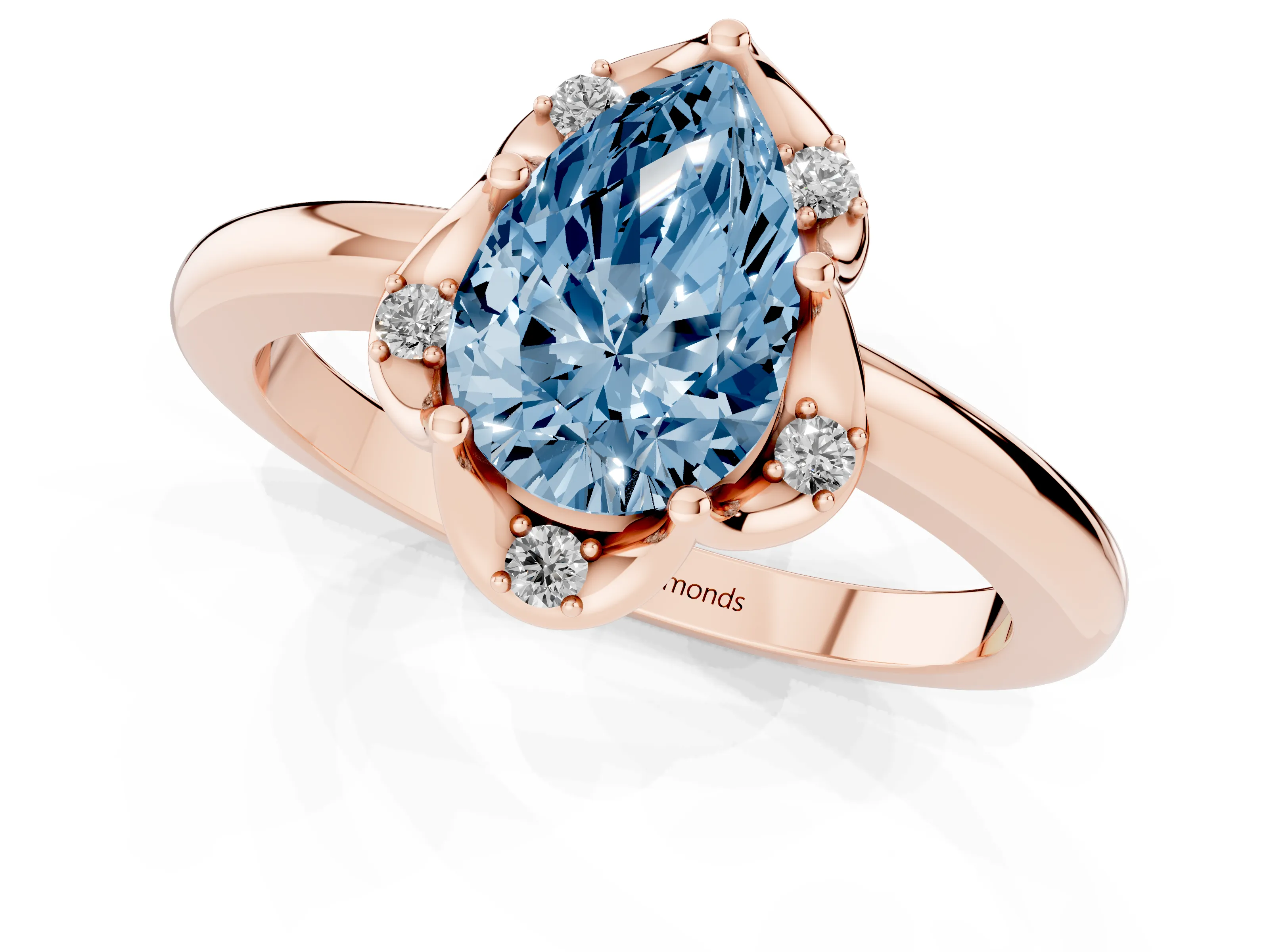 Fancy Blue Pear Cut Diamond Round Cluster Halo Ring Set in Rose gold with Solitaire Band and Prong Setting