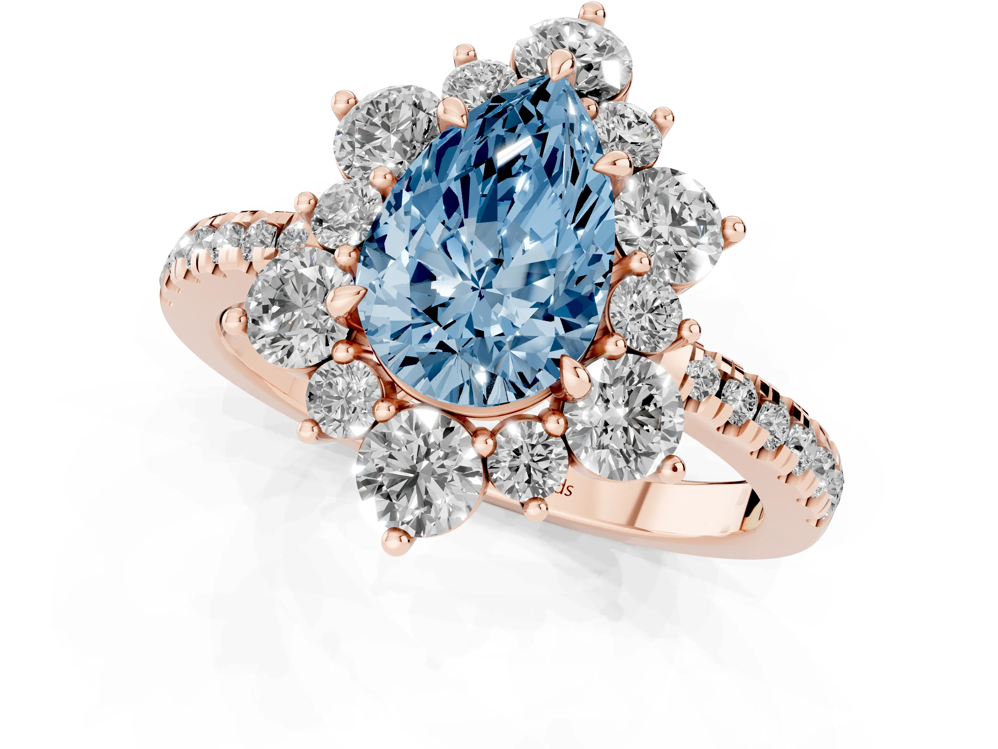 Fancy Blue Pear Cut Diamond Floral Halo Ring Set in Rose gold with Round Pavé Band and Prong Setting