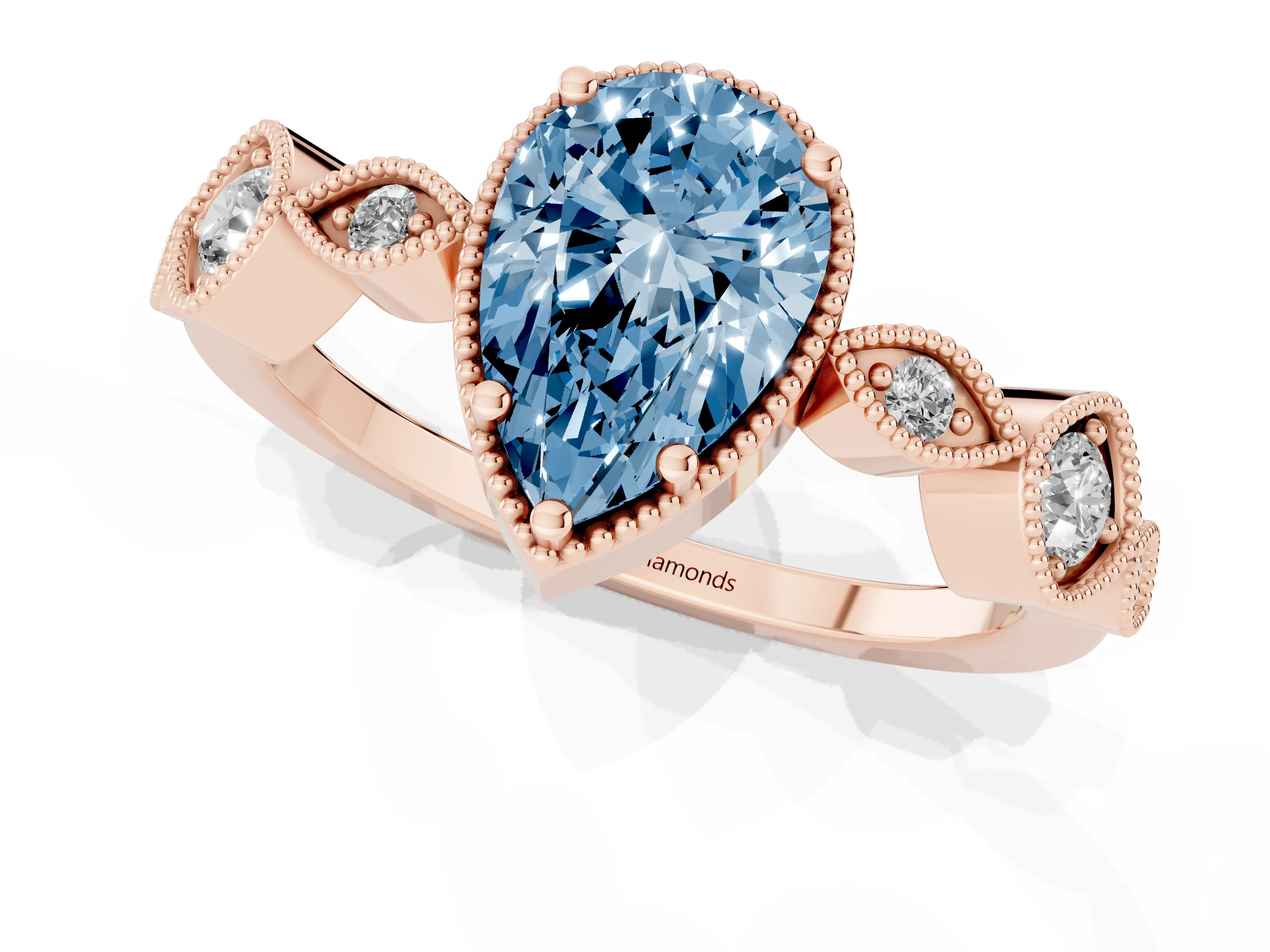 Fancy Blue Pear Cut Diamond Vintage-Inspired Milgrain Ring Set in Rose gold with Marquise Stations of Round Accents